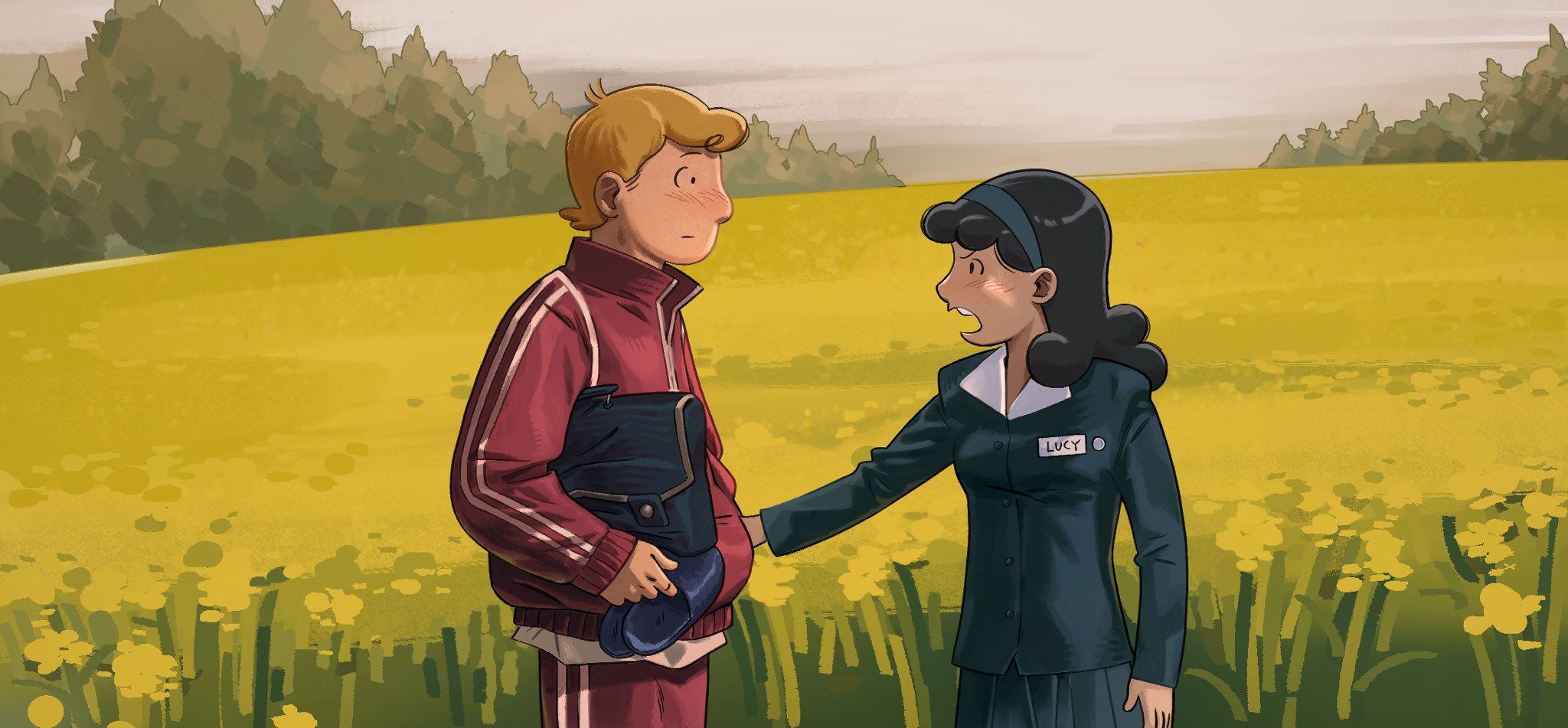 charlie brown, lucy van pelt, peanuts (comic), commentary, english commentary, highres, 1boy, 1girl, aged up, bag, black hair, blonde hair, blush, business suit, charles schulz (style), field, flower, flower field, formal clothes, hairband, medium hair, red track suit, scene reference, short hair, shoulder bag, sourpromises, suit, track suit, when life gives you tangerines