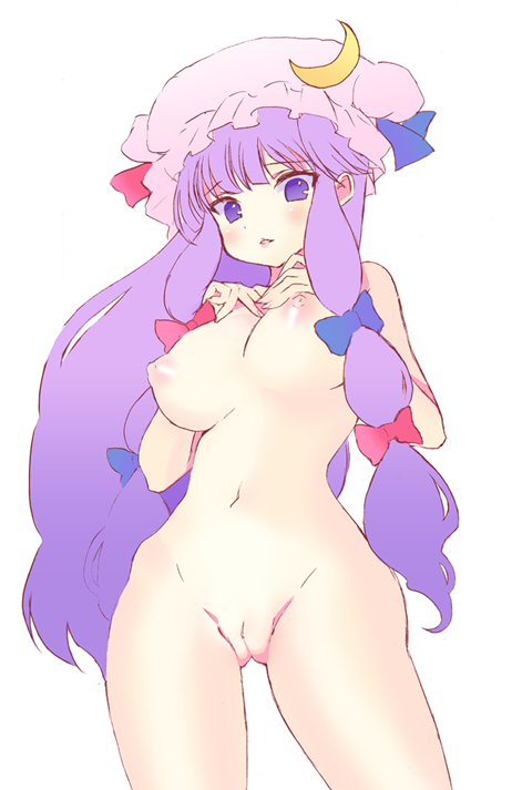 shaka ineru, patchouli knowledge, touhou, bad id, bad pixiv id, 1girl, blue bow, bow, breasts, cowboy shot, crescent, crescent hair ornament, female focus, hair ornament, hair ribbon, hat, hat ribbon, large breasts, long hair, looking at viewer, mob cap, navel, nipples, nude, open mouth, purple eyes, purple hair, pussy, red bow, ribbon, solo, uncensored