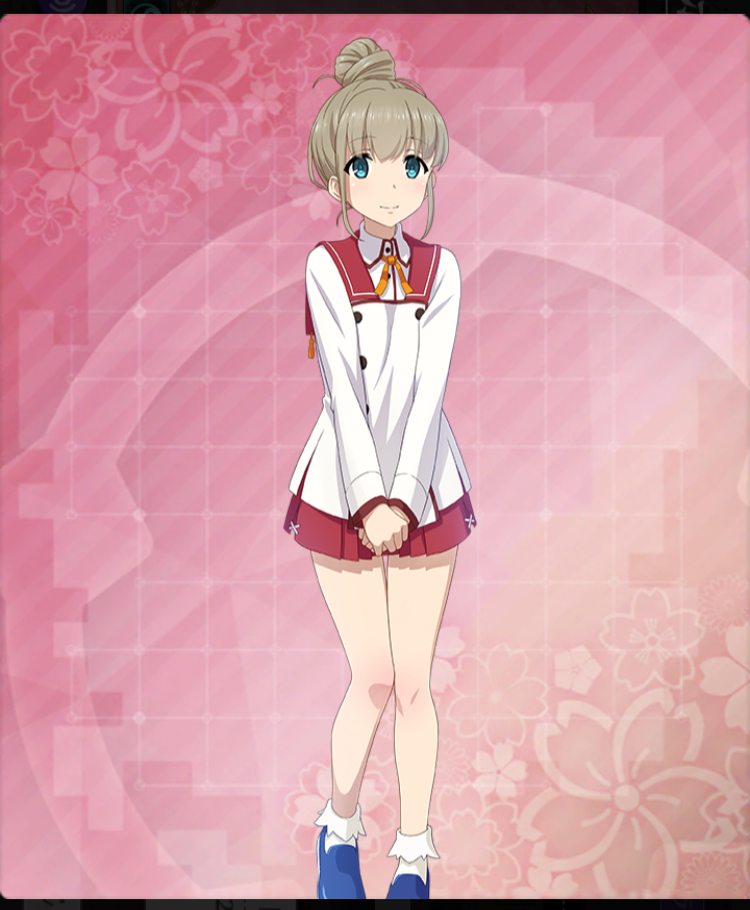 toji no miko, toji no miko: kizamishi issen no tomoshibi, game cg, official art, third-party source, 1girl, blue eyes, blue shoes, brown hair, closed mouth, dot nose, feet out of frame, floral background, hair bun, long sleeves, looking at viewer, minoseki academy school uniform, neck ribbon, own hands together, pink background, red sailor collar, red skirt, ribbon, sailor collar, school uniform, shirt, shoes, short hair, sidelocks, single hair bun, skirt, smile, socks, solo, terashita hoozuki, white shirt, white socks, yellow ribbon