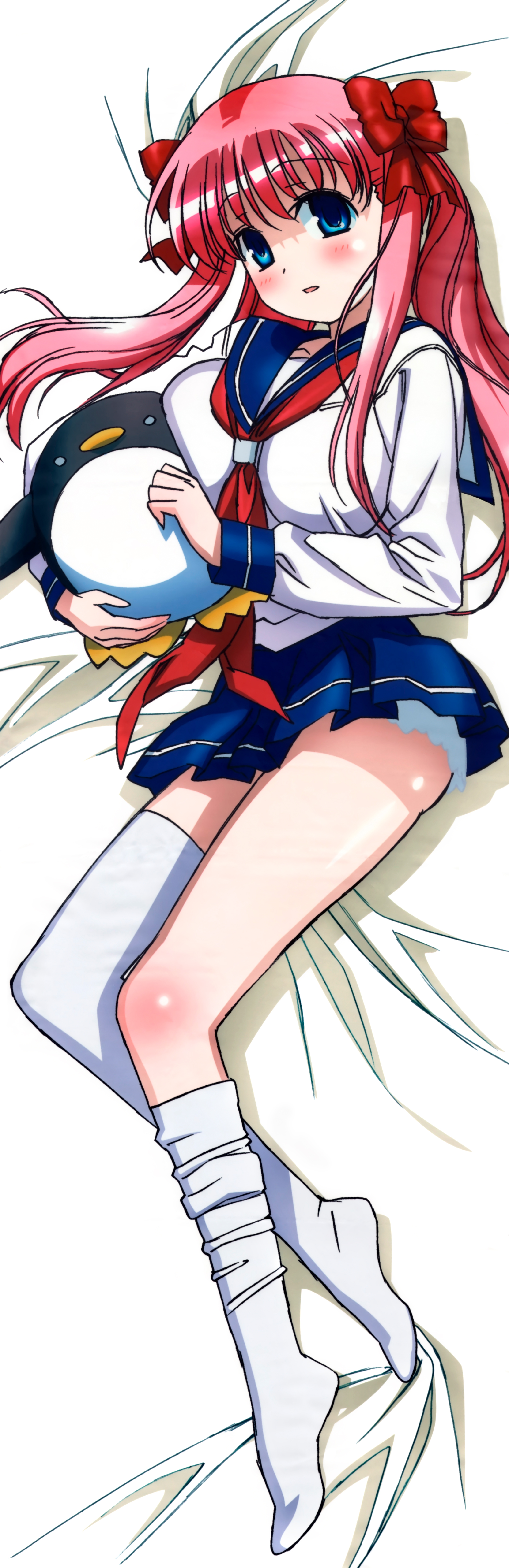 etopen, haramura nodoka, saki (manga), absurdres, artist request, highres, long image, tall image, bed sheet, blue eyes, bow, dakimakura (medium), hair bow, legs, long hair, pink hair, ribbon, school uniform, serafuku, solo, thighhighs, twintails