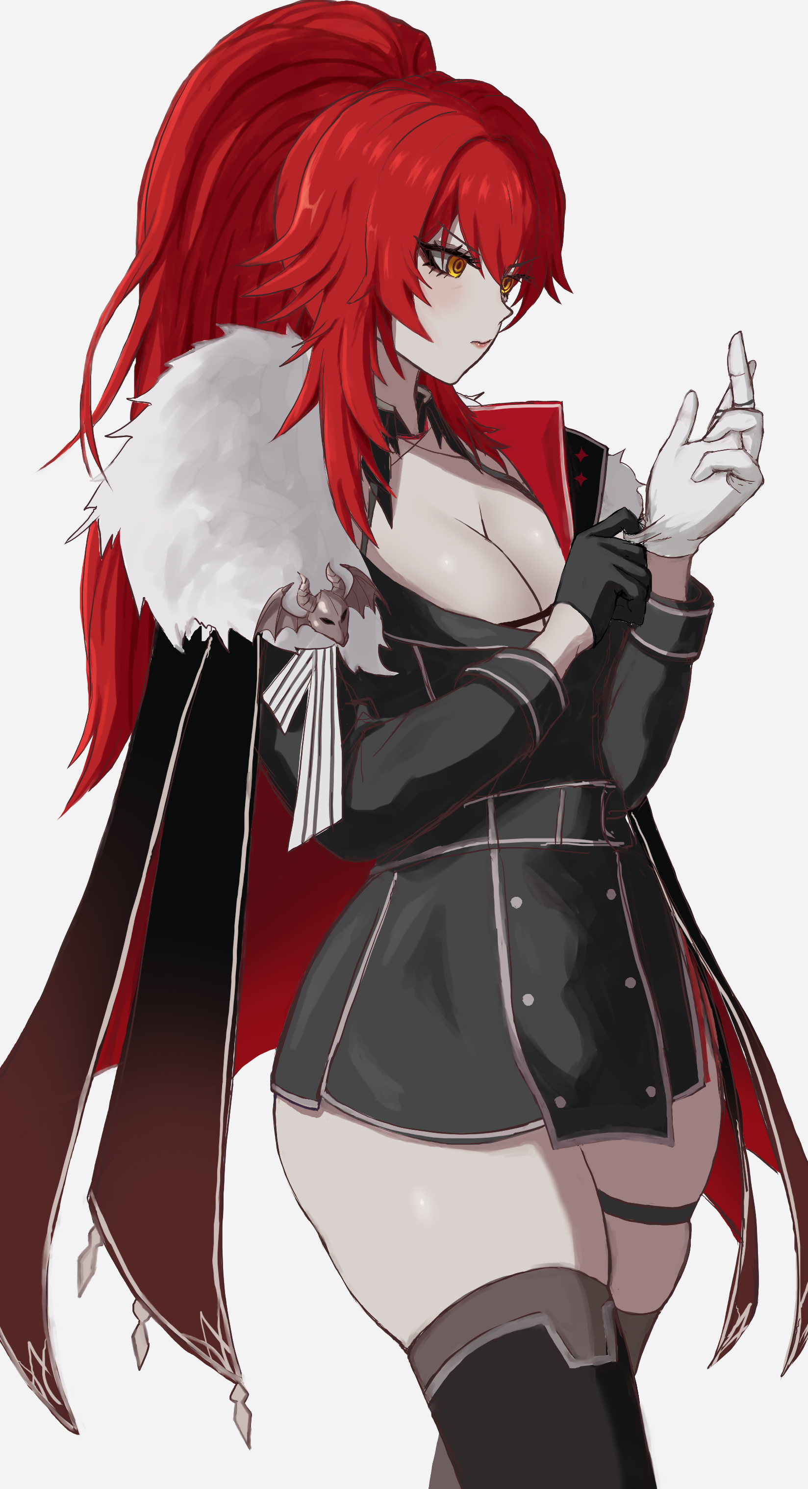 meibin, zentreya, zentreya (commander), indie virtual youtuber, absurdres, commentary, english commentary, highres, 1girl, adjusting clothes, adjusting gloves, black gloves, black jacket, black thighhighs, breasts, cleavage, closed mouth, gloves, jacket, large breasts, long hair, military uniform, ponytail, red hair, sidelocks, thigh strap, thighhighs, virtual youtuber, white background, white gloves, yellow eyes
