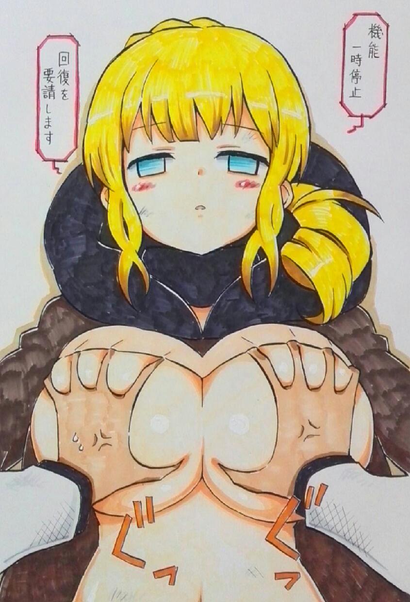 mehonobu g, accessory (freedom wars), freedom wars, commentary request, highres, 1boy, 1girl, android, anger vein, angry, blonde hair, blue eyes, blush, breasts, breasts out, drill hair, empty eyes, expressionless, grabbing another's breast, grabbing own breast, groping, large breasts, light blush, looking at viewer, no bra, ponytail, pov, undressing, you're doing it wrong