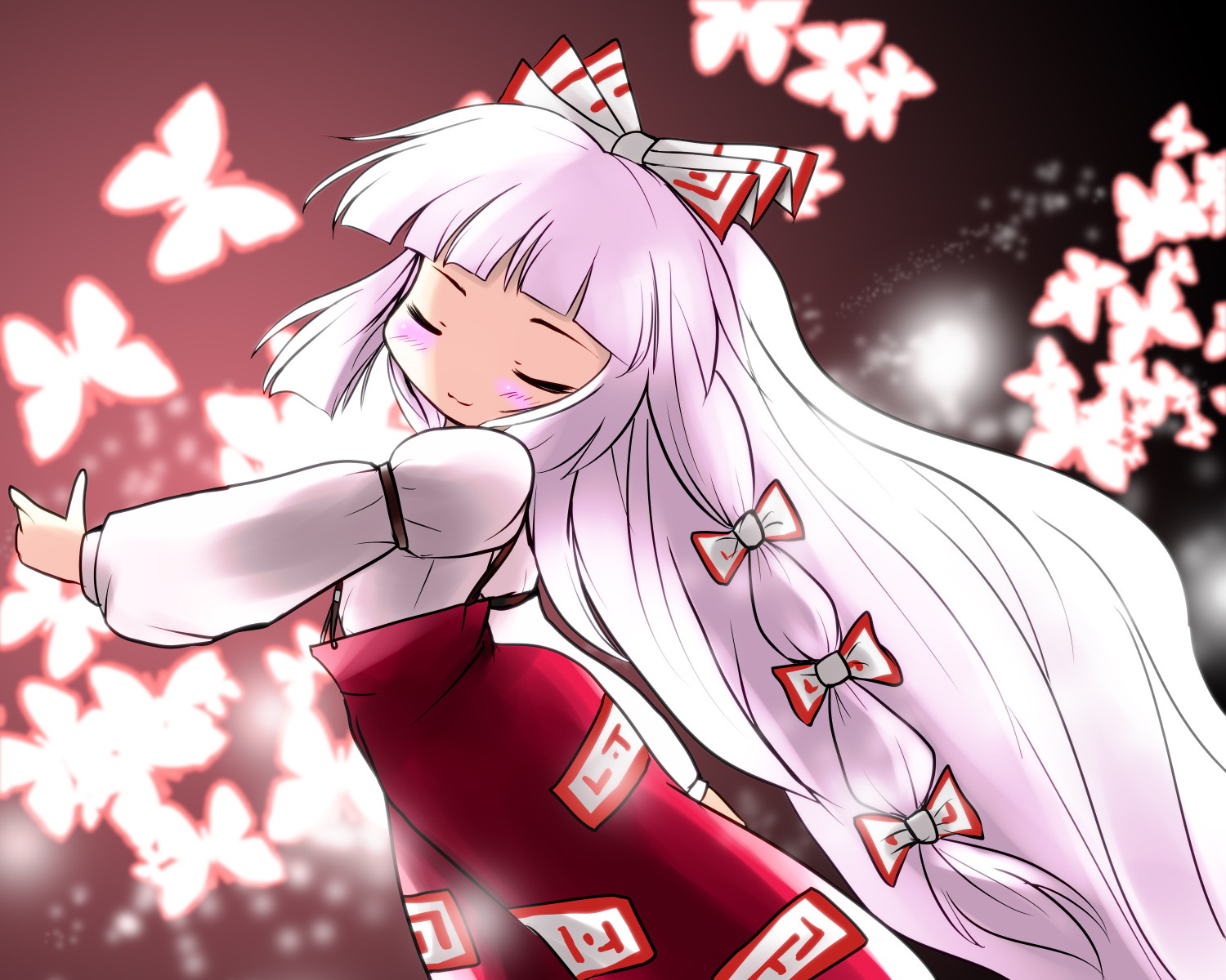 yume shokunin, fujiwara no mokou, touhou, highres, 1girl, blush, bow, chibi, closed eyes, female focus, hair bow, long hair, solo, white hair
