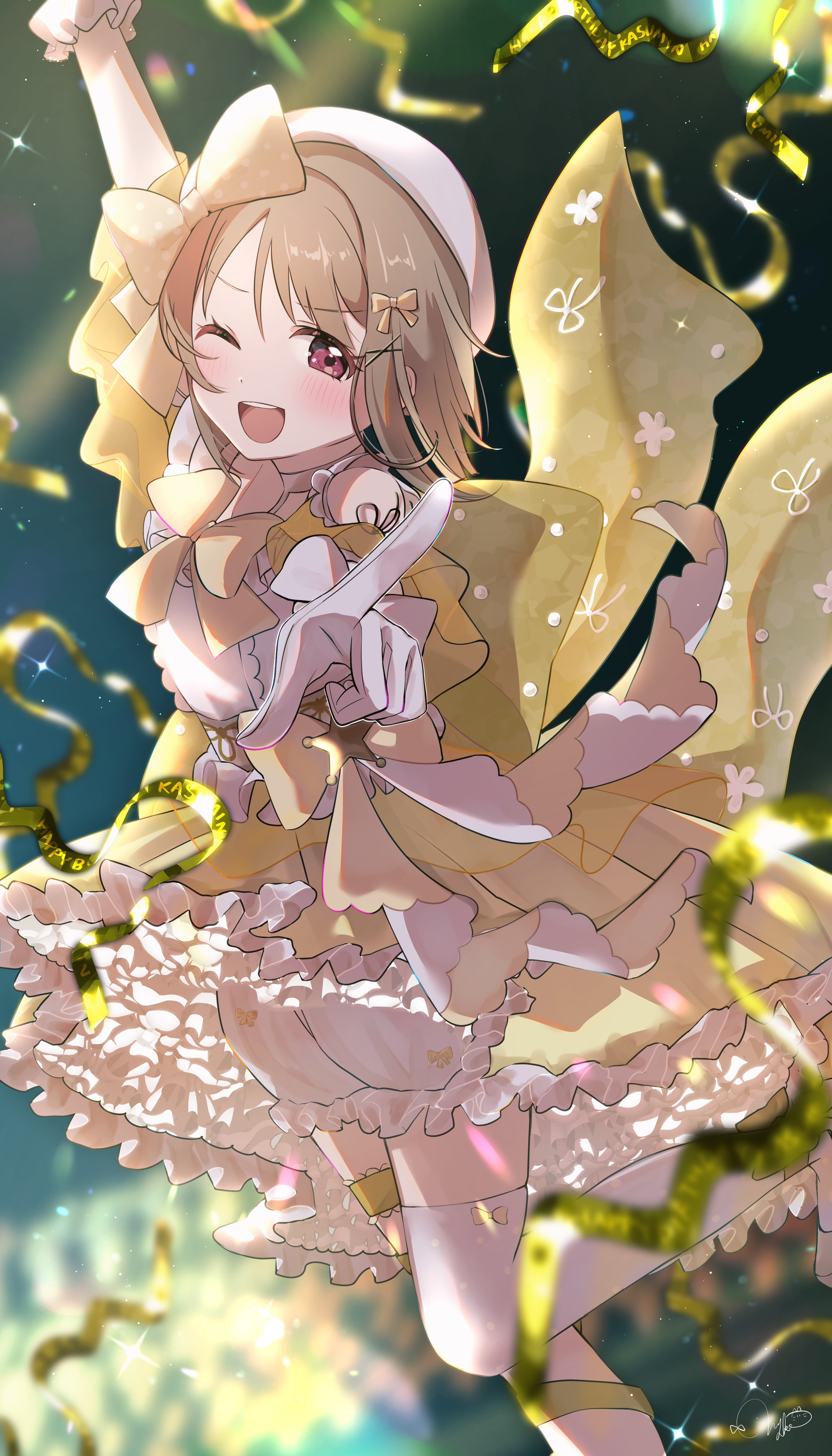 nyako (utaneko31), nakasu kasumi, love live!, love live! nijigasaki high school idol club, absurdres, commentary request, highres, 1girl, ;d, alternate costume, beret, bloomers, blurry, blurry background, blush, bow, brown hair, frilled bloomers, gloves, hat, hat bow, leg up, looking at viewer, one eye closed, open mouth, over-kneehighs, pointing, pointing at viewer, shirt, short hair, smile, solo, teeth, thighhighs, underwear, upper teeth only, white bloomers, white gloves, white hat, white shirt, white thighhighs, yellow bow