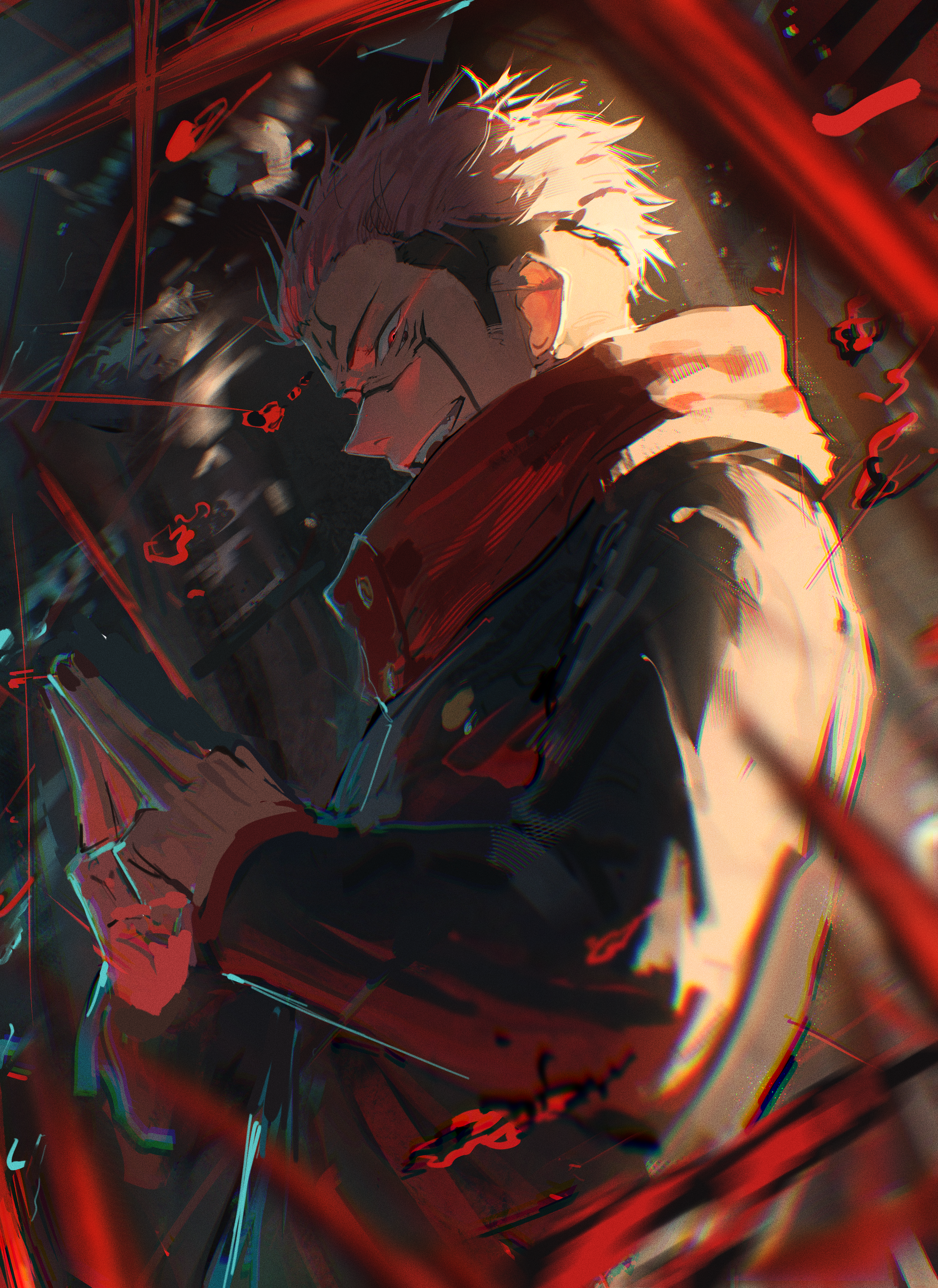 kouchanthree, ryoumen sukuna (jujutsu kaisen), jujutsu kaisen, absurdres, commentary request, highres, 1boy, black hair, black nails, evil smile, extra eyes, facial tattoo, four eyes, from side, hood, hood down, hooded jacket, jacket, jujutsu tech uniform, male focus, multicolored hair, red hood, short hair, sideburns, smile, solo, tattoo, two-tone hair, undercut, upper body