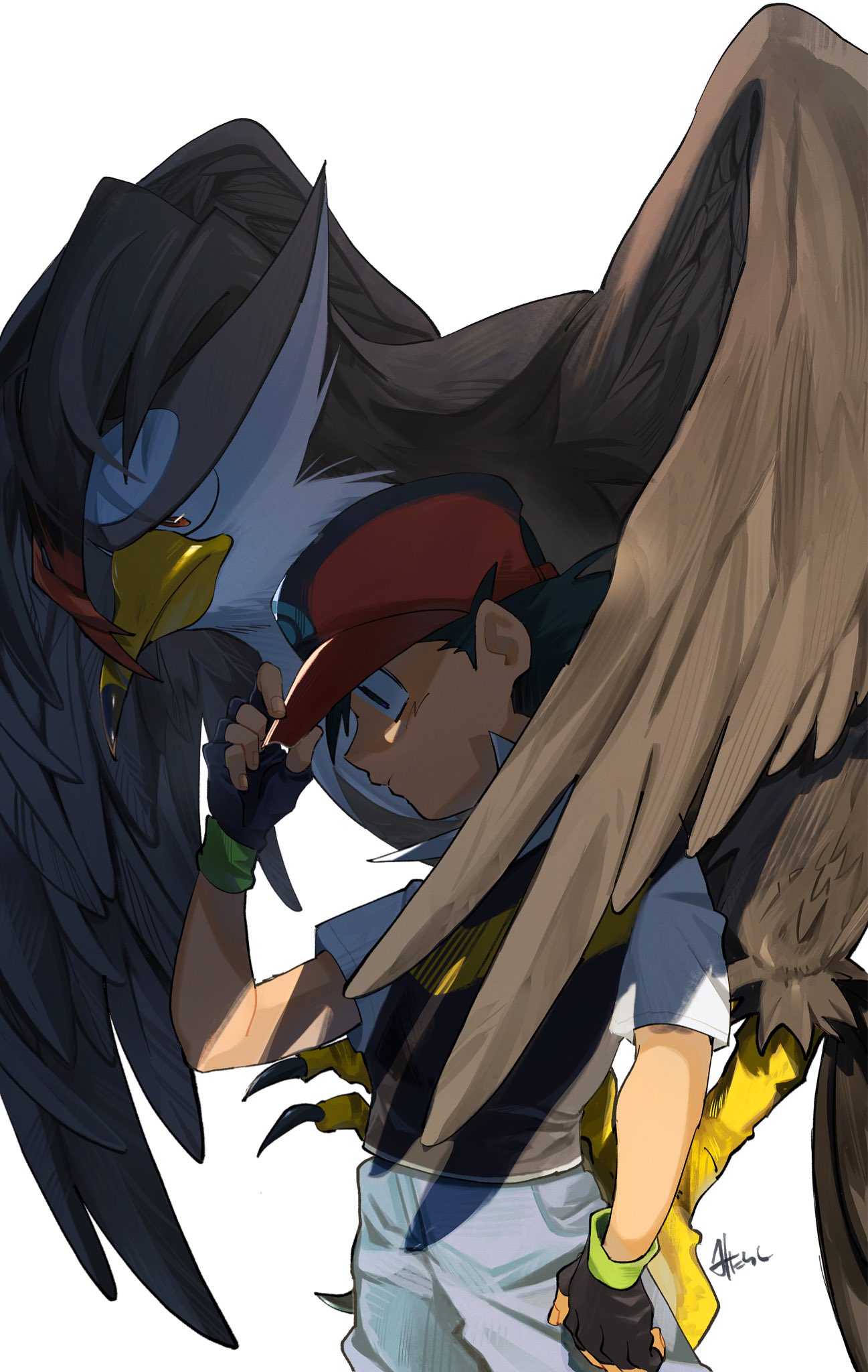 omotikonetemasu, ash ketchum, staraptor, nintendo, pokemon, pokemon (anime), pokemon dppt (anime), commentary request, highres, 1boy, adjusting clothes, adjusting headwear, bird, black vest, blue pants, cowboy shot, fingerless gloves, gen 4 pokemon, gloves, hat, male focus, pants, pokemon (creature), profile, red hat, shirt, simple background, vest, white background, white shirt