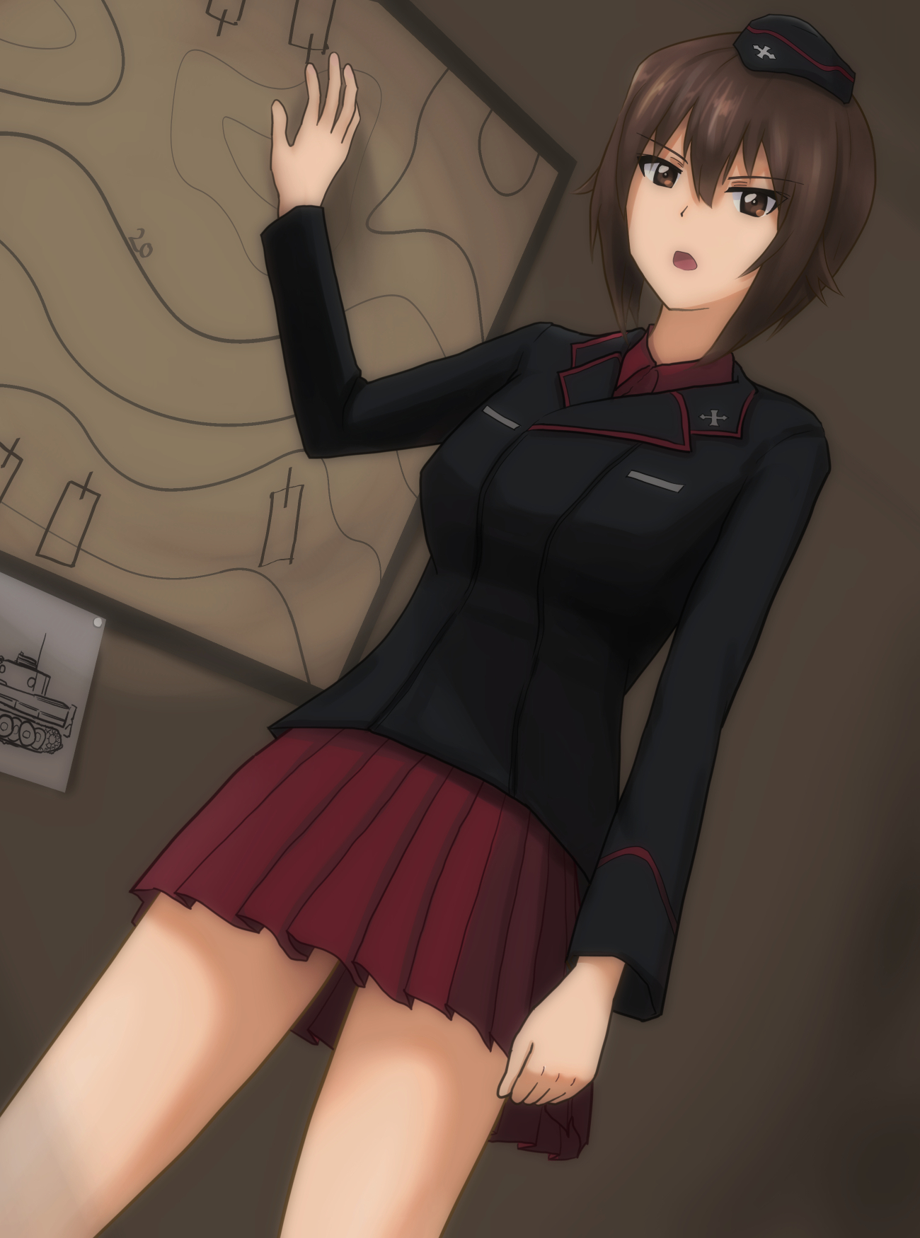 nishizumi maho, girls und panzer, commentary request, highres, 1girl, breasts, brown eyes, brown hair, clenched hand, cowboy shot, cross, eyes visible through hair, garrison cap, hair between eyes, hat, iron cross, jacket, kuromorimine military uniform, large breasts, long sleeves, map, military, military hat, military jacket, military uniform, miniskirt, open mouth, red shirt, red skirt, serious, shirt, short hair, sirius-1137, skirt, solo, standing