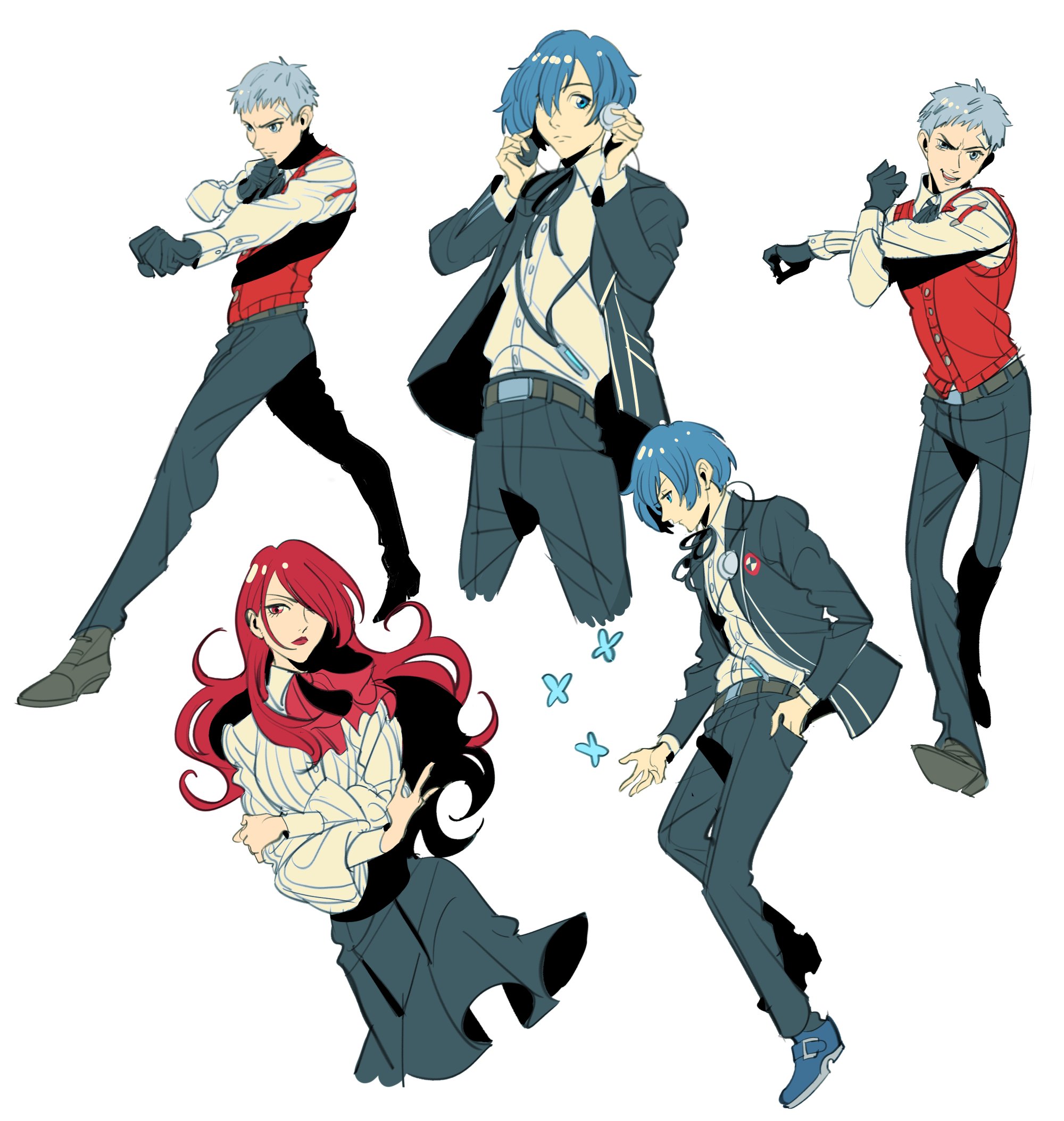 shy (ribboneels), kirijou mitsuru, sanada akihiko, yuuki makoto (persona 3), persona, persona 3, persona 3 reload, commentary, english commentary, highres, 1girl, 2boys, bandaid, bandaid on face, blue hair, digital walkman, gekkoukan high school uniform, headphones, mp3 player, multiple boys, red hair, school uniform, sweater vest, walkman nw-s203f, white hair