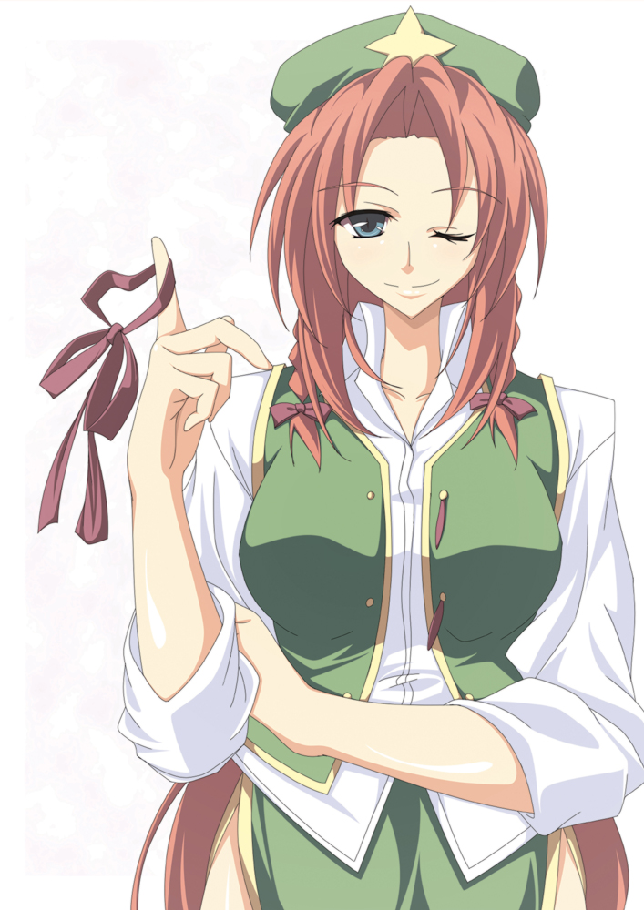 lozelia, hong meiling, embodiment of scarlet devil, touhou, bad id, bad pixiv id, 1girl, blue eyes, braid, china dress, chinese clothes, dress, female focus, hat, long hair, one eye closed, red hair, simple background, solo, twin braids, white background, wink