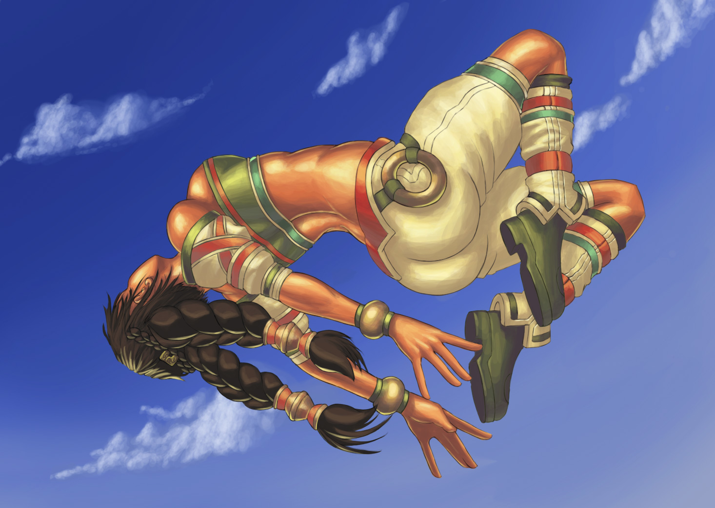 maxrabbit, talim, namco, soul calibur, soulcalibur, soulcalibur ii, 1girl, ass, bandeau, bare shoulders, black hair, bracelet, braid, breasts, dark-skinned female, dark skin, day, detached sleeves, female focus, jewelry, medium breasts, navel, shorts, sideboob, sky, solo, strapless, tube top, twin braids