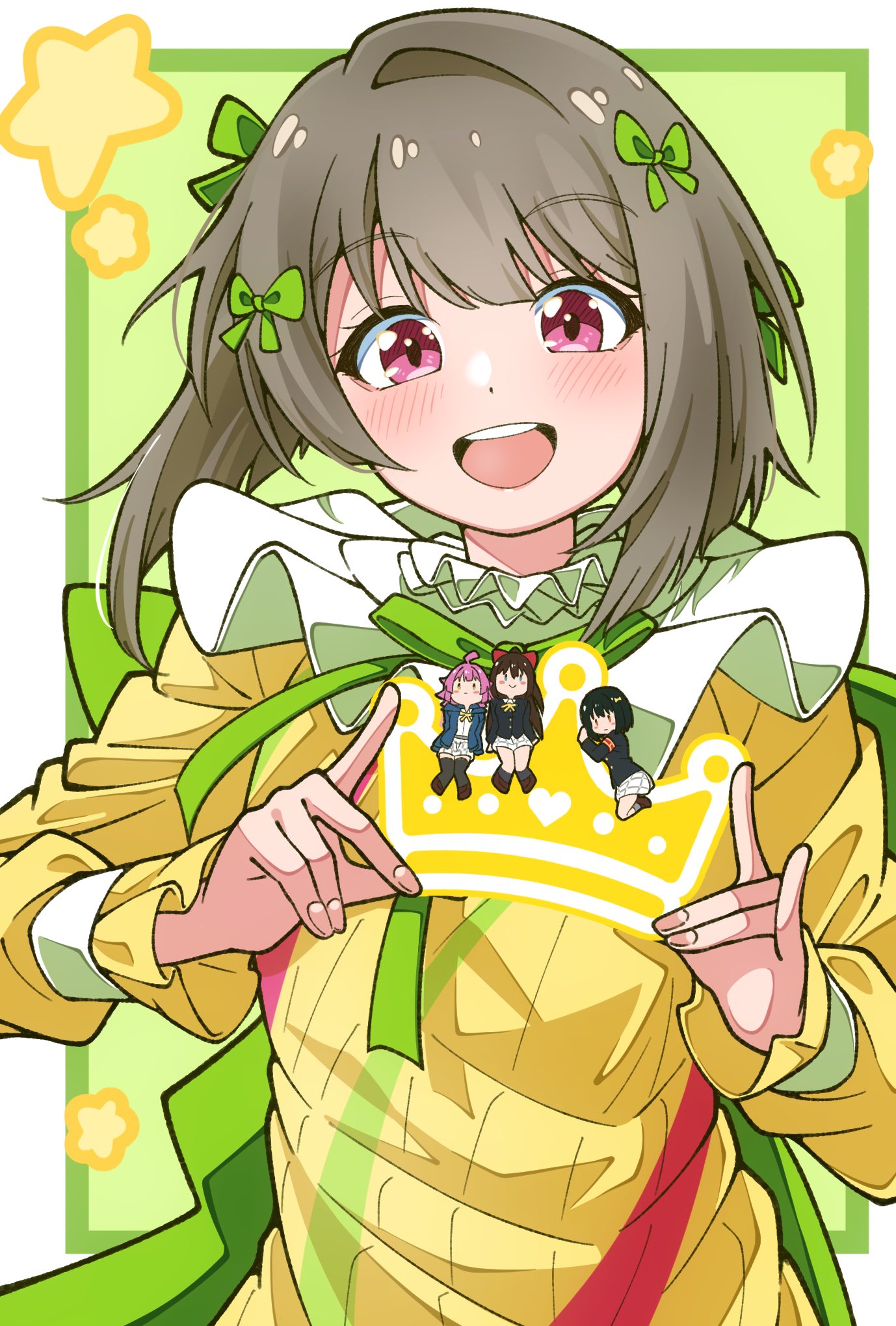 thio lovelive, mifune shioriko, nakasu kasumi, osaka shizuku, tennoji rina, love live!, love live! nijigasaki high school idol club, commentary, hashtag-only commentary, highres, 4girls, :d, ahoge, black hair, black jacket, black socks, black thighhighs, blue eyes, blue jacket, bob cut, border, bow, brown hair, brown shoes, character logo, closed mouth, crown, dress, expressionless, green background, green bow, green ribbon, hair bow, holding, holding crown, hood, hood down, hooded jacket, inverted bob, jacket, kishimen hair, long sleeves, looking at viewer, medium hair, mini person, minigirl, miniskirt, multiple girls, mutekikyuu believer, neck ribbon, nijigasaki 1st years, nijigasaki school uniform, open clothes, open jacket, open mouth, outside border, pink eyes, pink hair, pleated skirt, red bow, red eyes, ribbon, school uniform, shirt, shoes, short hair, skirt, smile, socks, star (symbol), teeth, thighhighs, upper body, upper teeth only, white border, white shirt, white skirt, winter uniform, yellow dress, yellow eyes, yellow ribbon