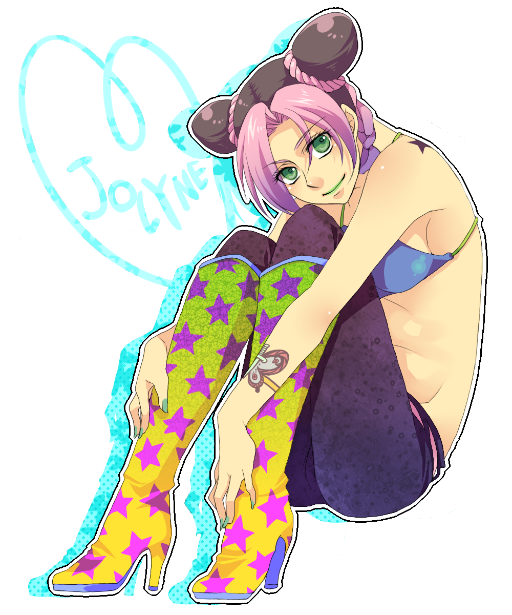 hanaichi (hana13), kuujou jolyne, jojo no kimyou na bouken, stone ocean, highres, 1girl, bare shoulders, black hair, boots, colored bangs, cone hair bun, double bun, female focus, green eyes, green lips, green nails, hair bun, high heel boots, high heels, hugging own legs, lipstick, makeup, midriff, multicolored hair, nail polish, pants, pink hair, smile, solo, star (symbol), star print, tattoo, two-tone hair