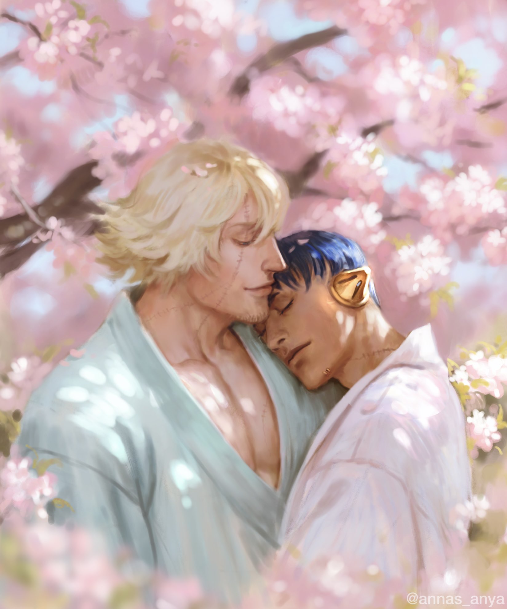 annas anya, kurotsuchi mayuri, urahara kisuke, bleach, commentary, english commentary, highres, 2boys, blonde hair, blue hair, closed eyes, dark-skinned male, dark skin, hair between eyes, head on chest, lips, male focus, multiple boys, muscular, muscular male, nose, outdoors, pectorals, scar, scar on face, scar on neck, short hair, upper body, yaoi