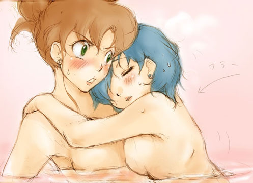 otsukimi (artist), kino makoto, mizuno ami, bishoujo senshi sailor moon, lowres, 1990s (style), 2girls, bath, blue hair, blush, brown hair, hug, multiple girls, nude, yuri