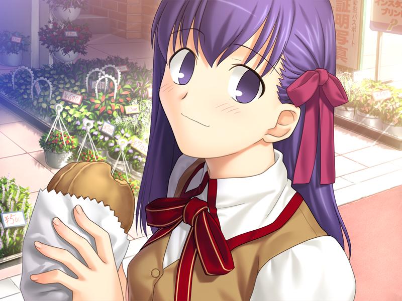 takeuchi takashi, matou sakura, fate/hollow ataraxia, fate/stay night, fate (series), game cg, 1girl, blouse, bow, bowtie, bread, collared shirt, day, female focus, flower pot, food, food bite, homurabara academy school uniform, plant, purple eyes, purple hair, red bow, red bowtie, ribbon, school uniform, shirt, smile, solo, white shirt