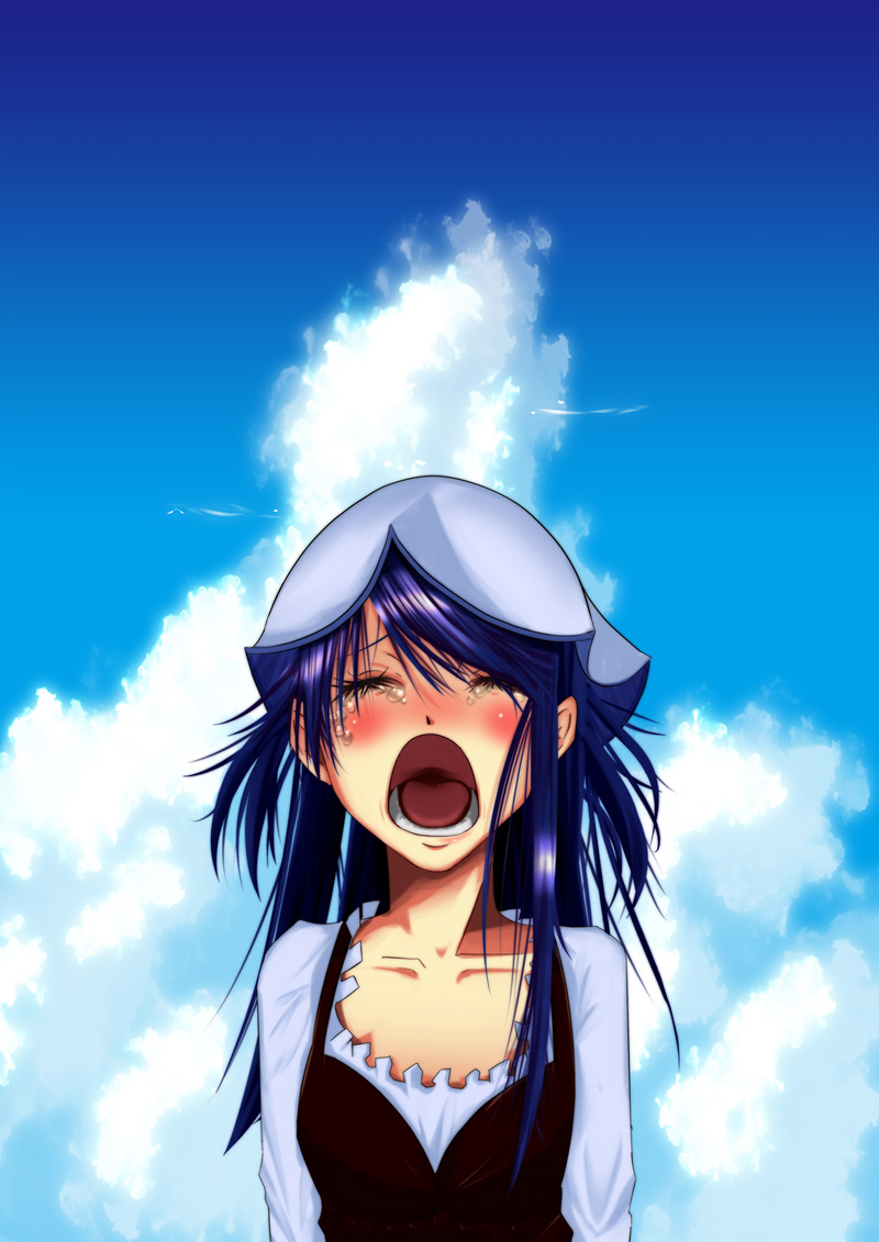 marble (pixiv), ooki futaba, amanchu!, bad id, bad pixiv id, 1girl, blue hair, blush, closed eyes, cloud, crying, day, female focus, hat, long hair, open mouth, sky, sobbing, solo, tears