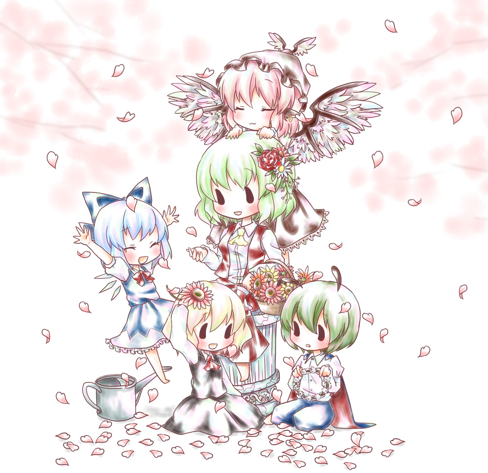kuromame (8gou), cirno, kazami yuuka, mystia lorelei, rumia, wriggle nightbug, touhou, bad id, bad pixiv id, 5girls, antennae, arms up, ascot, basket, blonde hair, bow, cape, cherry blossoms, chibi, chin rest, closed eyes, column, daisy (flower), dress, earrings, flower, hair bow, hair flower, hair ornament, happy, head on head, head rest, head wings, jewelry, multiple girls, outstretched arms, petals, pillar, pinafore dress, red eyes, red flower, red rose, rose, sitting, skirt, skirt set, sleeveless, sleeveless dress, team 9 (touhou), vest, watering can, white background, wings, wreath, | |