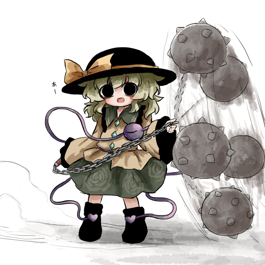 heripantomorrow, komeiji koishi, touhou, commentary request, translation request, 1girl, black eyes, black hat, black shoes, contrast collar, full body, green hair, hair between eyes, hat, hat ribbon, holding, looking at viewer, medium hair, open mouth, ribbon, shirt, shoes, smile, solo, standing, third eye, white background, yellow ribbon, yellow shirt