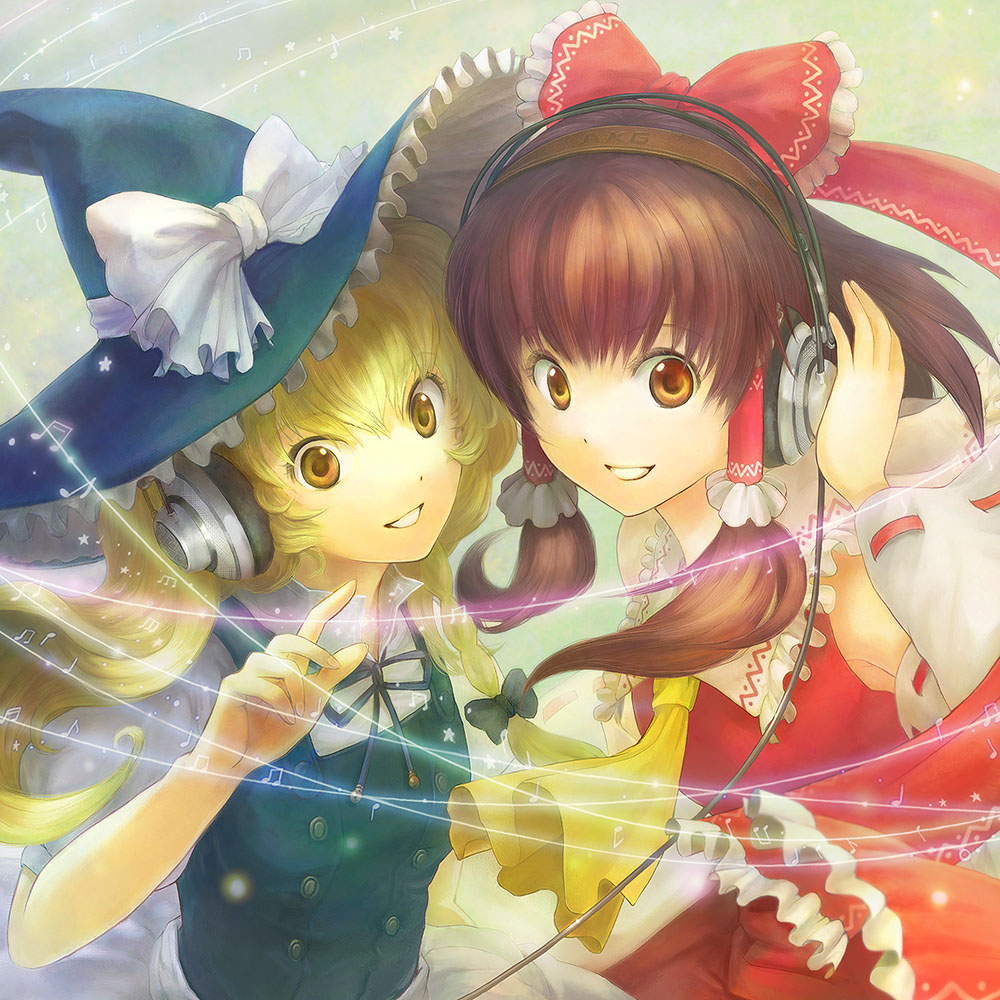 atsuko k, hakurei reimu, kirisame marisa, akg, touhou, bad id, bad pixiv id, 2girls, akg k-series headphones, blonde hair, bow, brown eyes, brown hair, female focus, hair bow, hair ribbon, hand on own ear, hat, headphones, headset, long hair, multiple girls, musical note, orange eyes, ribbon, smile, witch hat, yellow eyes