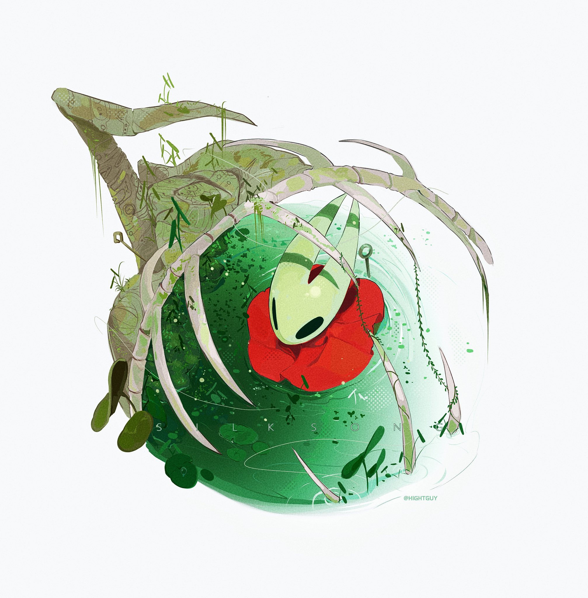 hightguy, hornet (hollow knight), hollow knight, hollow knight: silksong, commentary, hashtag-only commentary, highres, 1girl, animal skeleton, artist name, ben-day dots, black eyes, cloak, copyright name, from above, horns, lily pad, needle (hollow knight), pin (hollow knight), plant, red cloak, screentones, shadow, solo, thread, wading, water, white background