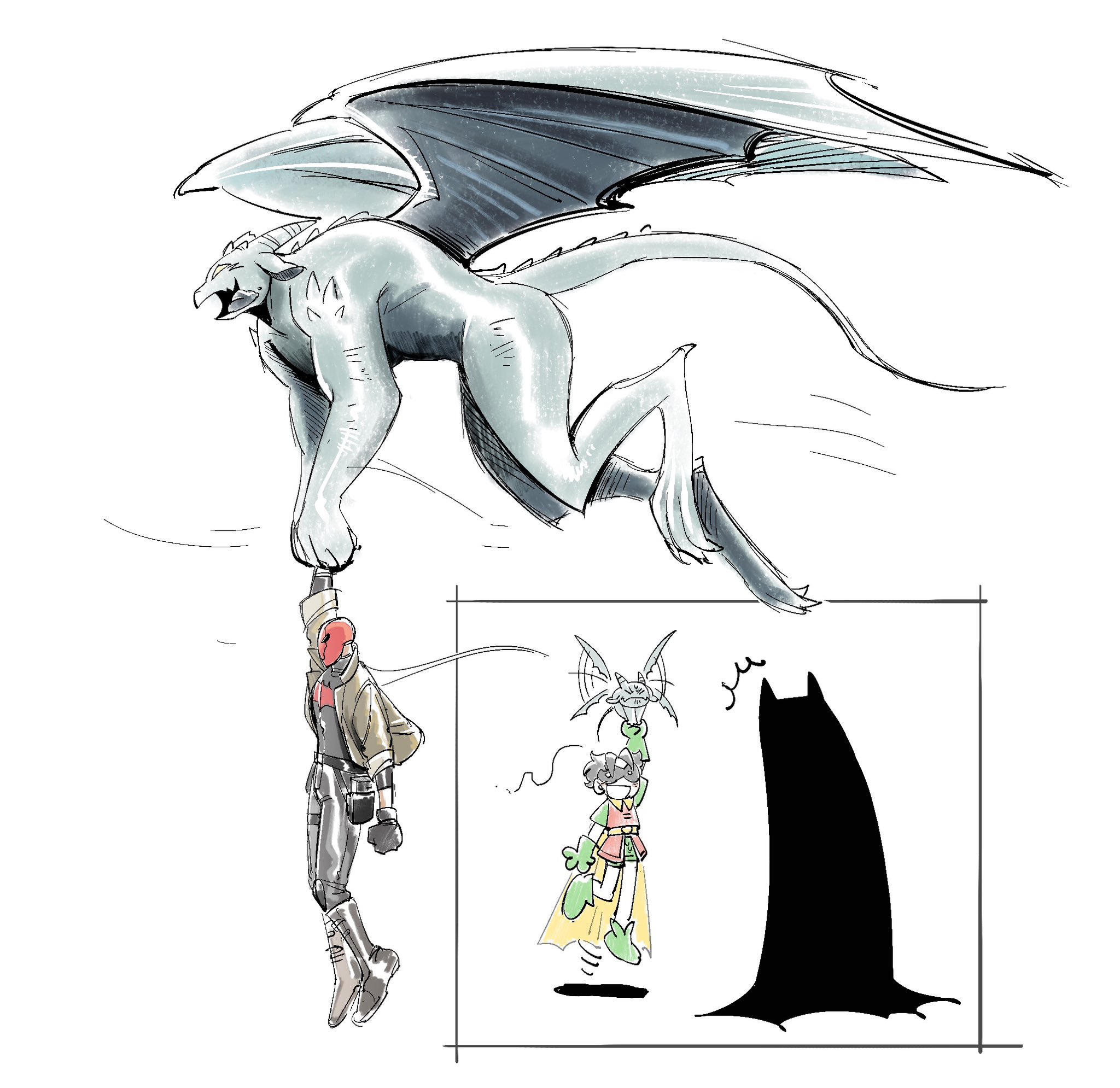 batman, bruce wayne, jason todd, red hood (dc), robin (dc), batman (series), dc comics, red hood and the outlaws, commentary request, highres, korean commentary, bat signal, batman symbol, be123be be, belt, black gloves, black hair, bodysuit, brown jacket, domino mask, eye mask, gloves, grey bodysuit, jacket, male focus, mask, masked, multicolored bodysuit, multiple boys, muscular, muscular male, open clothes, pants, red mask, short hair, superhero costume, taut bodysuit, two-tone bodysuit, utility belt