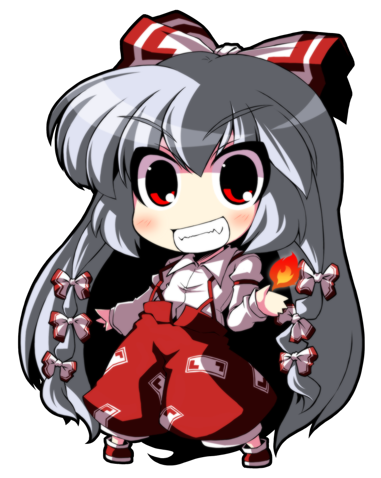 crazy developers, fujiwara no mokou, touhou, silver hair, 1girl, chibi, female focus, fire, full body, grin, hair ribbon, long hair, red eyes, ribbon, simple background, smile, solo, suspenders, white background