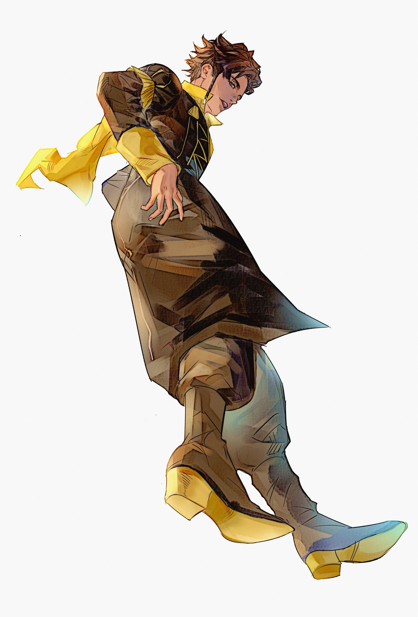 claude von riegan, fire emblem, fire emblem: three houses, nintendo, commentary request, highres, 1boy, brown hair, dark-skinned male, dark skin, garreg mach monastery uniform, gold cape, green eyes, male focus, ninesanorz, short hair, side cape