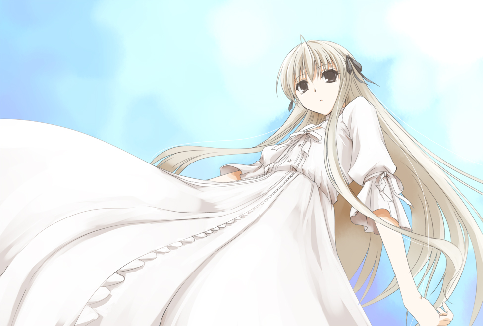 marumi, kasugano sora, yosuga no sora, game cg, 1girl, blonde hair, brown eyes, dress, female focus, hair ribbon, long hair, ribbon, solo, very long hair
