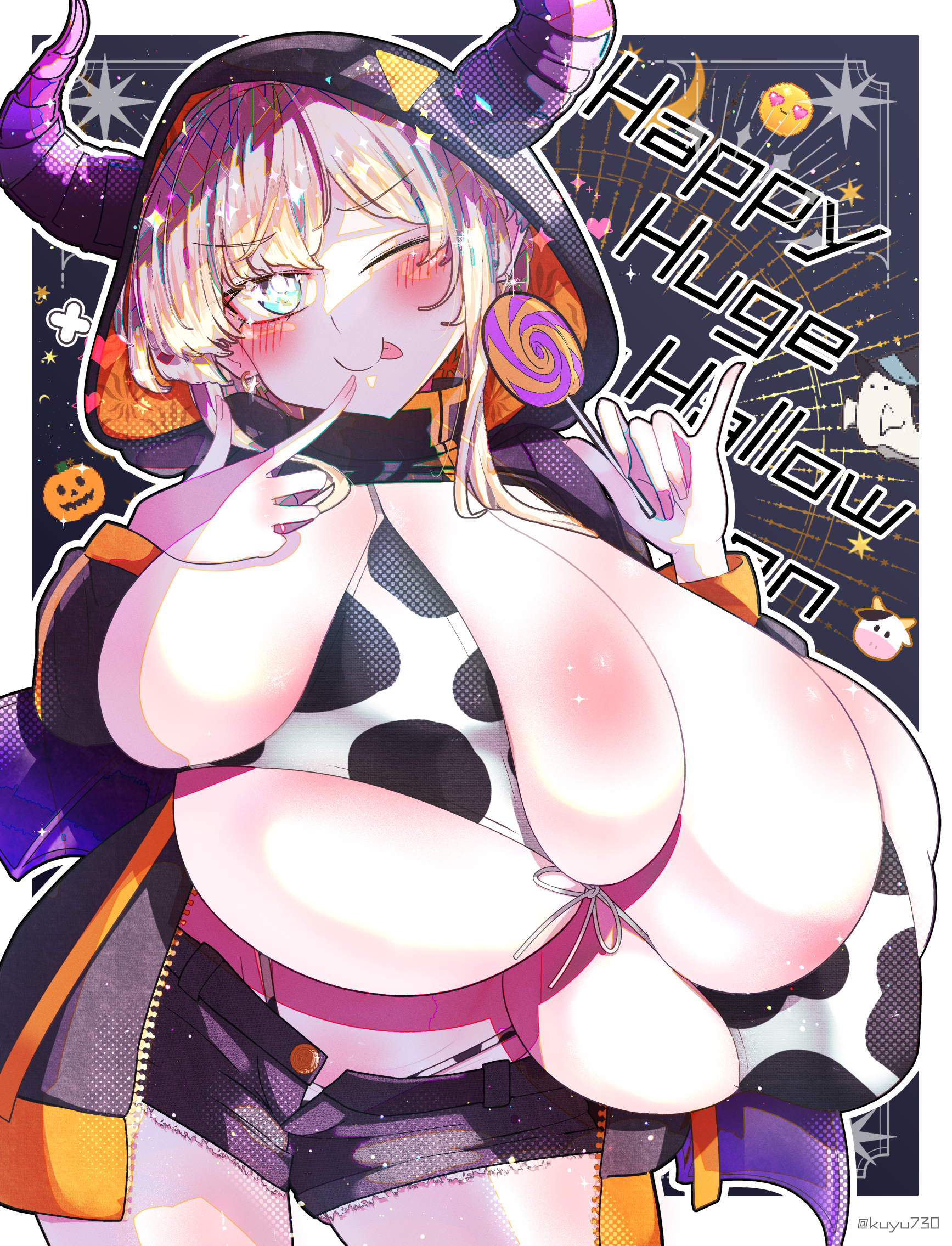 kuyu730, original, 1girl, areola slip, artist name, bikini, black background, black jacket, blonde hair, blue eyes, blush, border, breasts, bursting breasts, cow print, cow print bikini, denim, denim shorts, english text, female focus, gigantic breasts, halloween, holding candy, holding lollipop, hood, horns, jacket, lollipop, looking at viewer, micro bikini, one eye closed, outline, pale skin, print bikini, shiny skin, short shorts, shorts, smile, solo, swimsuit, tongue, tongue out, whale tail (clothing), white border, white outline, wink