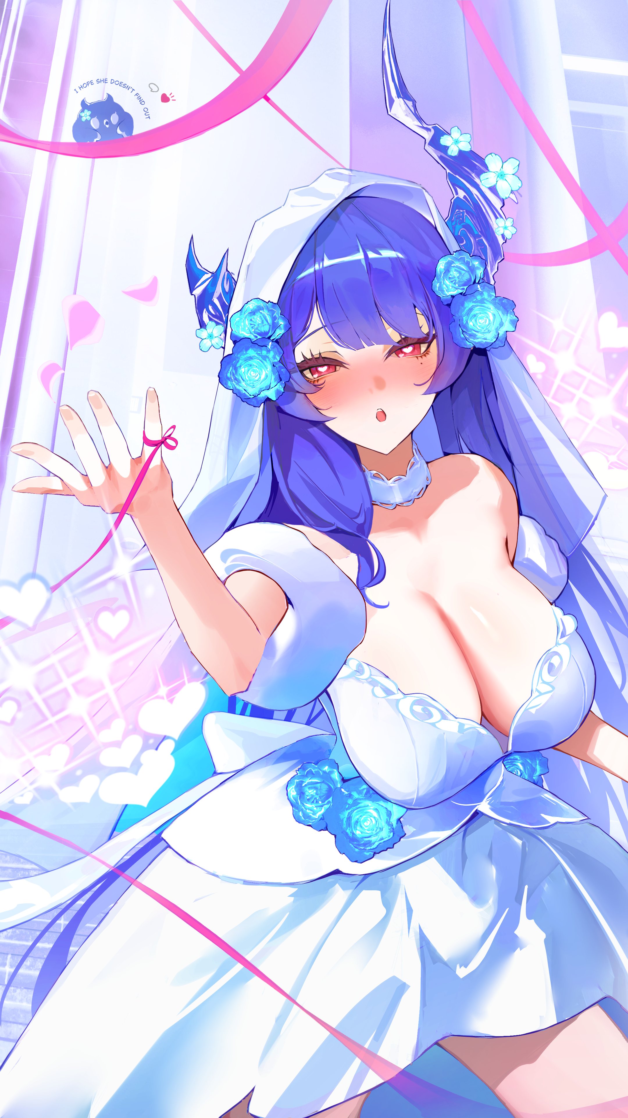 thekaiyip, jailbird (nerissa ravencroft), nerissa ravencroft, hololive, hololive english, absurdres, highres, 1girl, blue flower, blue hair, blue rose, blush, breasts, bridal veil, choker, cleavage, dress, falling petals, flower, hair flower, hair ornament, heart, heart-shaped pupils, large breasts, long hair, looking at viewer, petals, red eyes, rose, rose petals, solo, symbol-shaped pupils, veil, virtual youtuber, wedding dress, white choker, white dress