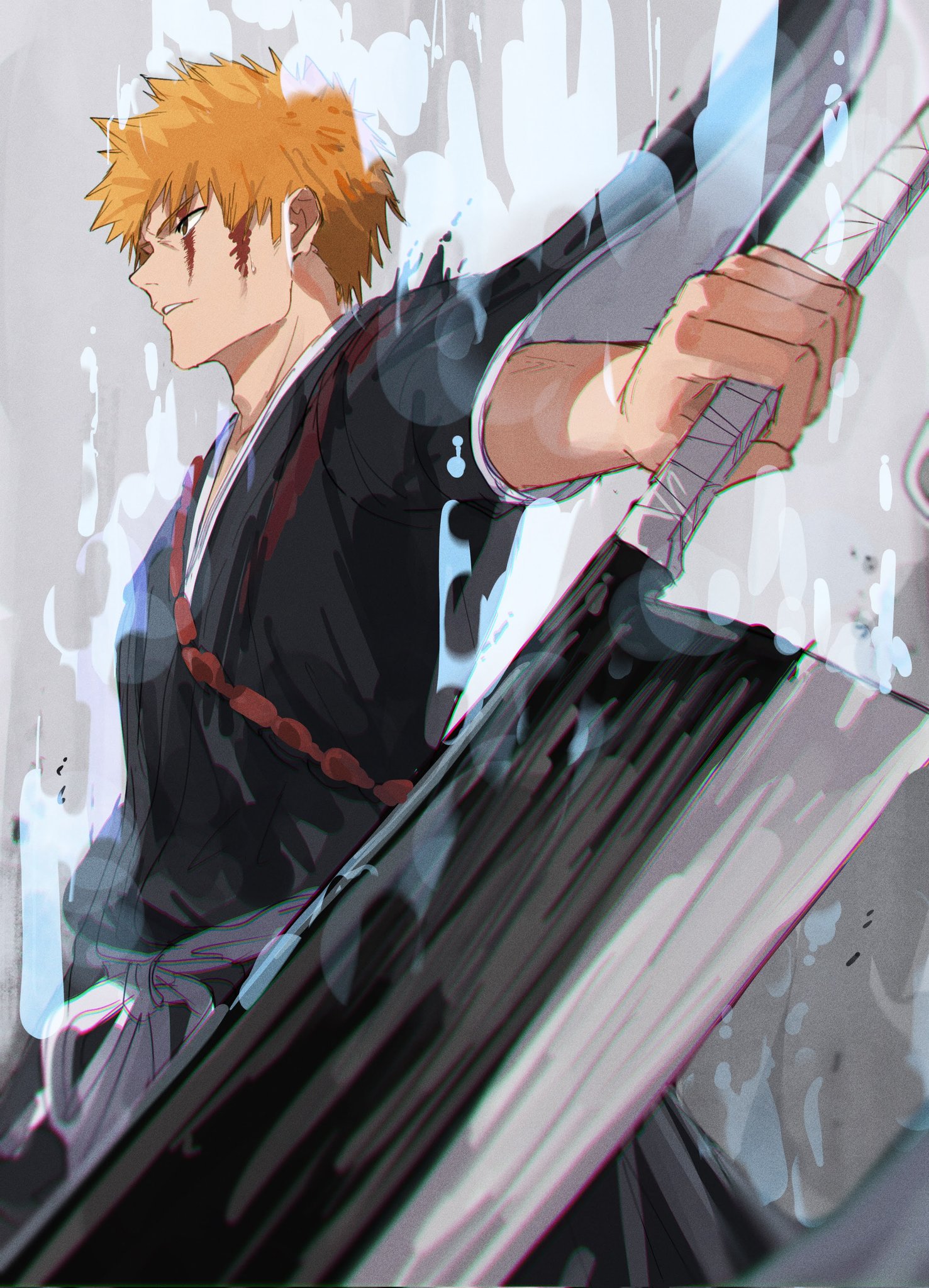 kouchanthree, kurosaki ichigo, bleach, commentary request, highres, 1boy, black kimono, blood, blood on face, closed mouth, from side, holding, holding sword, holding weapon, japanese clothes, kimono, looking ahead, male focus, orange hair, parted lips, short hair, solo, spiked hair, sword, teeth, weapon