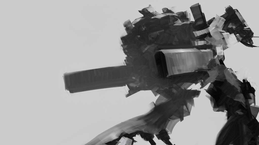 mozuo, tagme, arm cannon, mecha, monochrome, robot, weapon