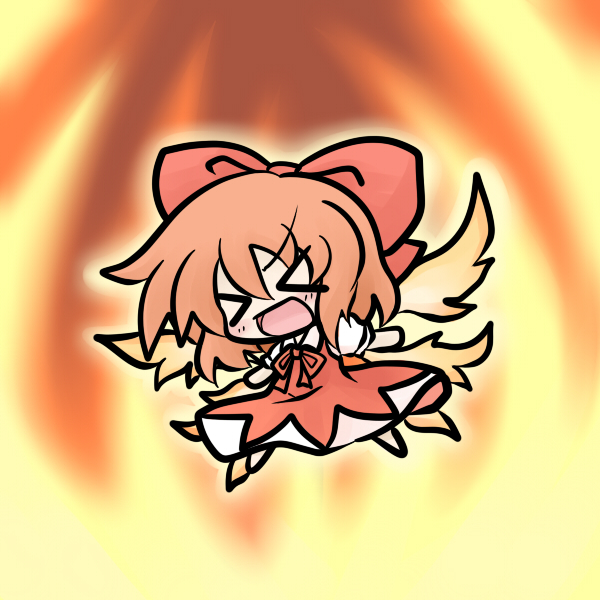 yanagi (nurikoboshi), achi cirno, cirno, touhou, > <, 1girl, :d, alternate color, alternate element, chibi, closed eyes, female focus, open mouth, red hair, ribbon, smile, solo, wings, xd