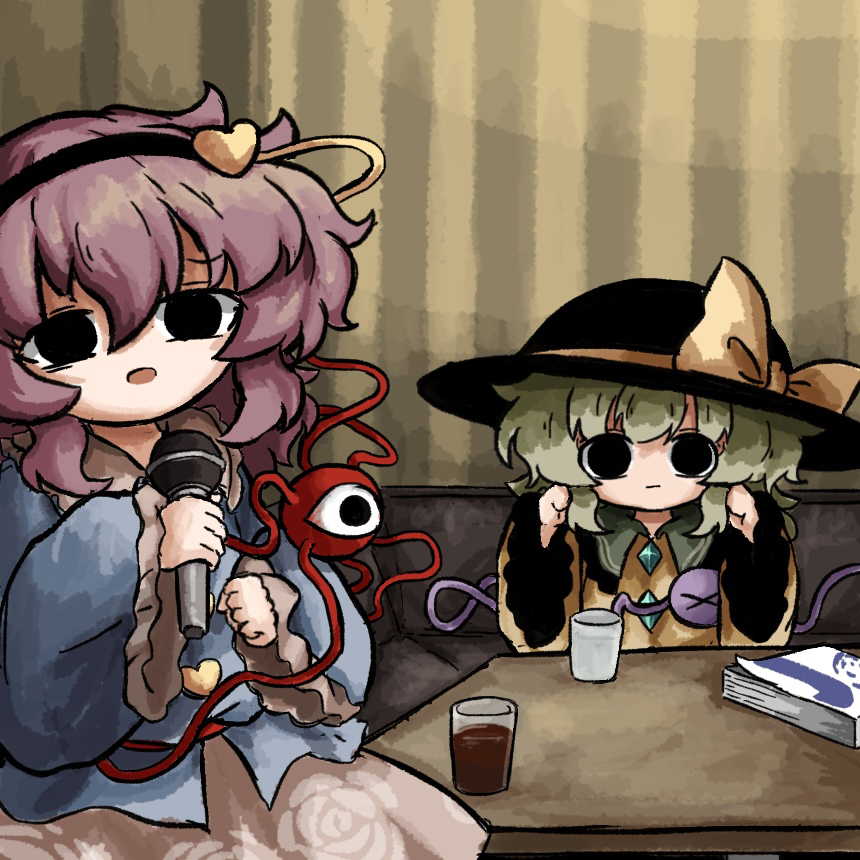heripantomorrow, komeiji koishi, touhou, commentary request, 2girls, black eyes, black hat, blue shirt, contrast collar, green hair, hair between eyes, hands up, hat, hat ribbon, holding, holding microphone, indoors, long sleeves, looking at viewer, microphone, multiple girls, pink hair, ribbon, shirt, sitting, table, third eye, wide sleeves, yellow ribbon, yellow shirt