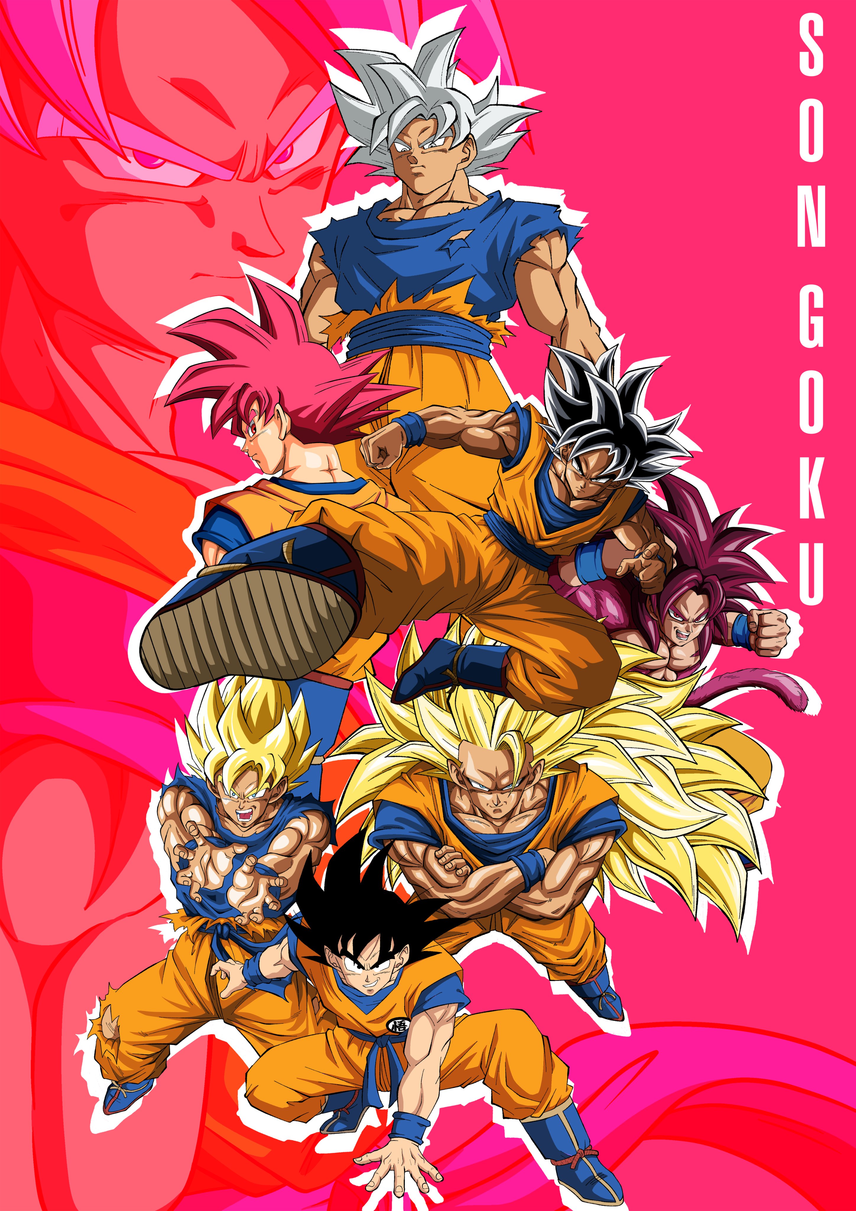 son goku, dragon ball, dragon ball daima, dragon ball super, dragonball z, absurdres, highres, 6+boys, art jake, black hair, blonde hair, blue boots, blue sash, blue shirt, blue wrist cuffs, body fur, boots, character name, crossed arms, dougi, evolutionary line, flying kick, green eyes, grey eyes, grey hair, kamehameha (dragon ball), kicking, long hair, medium hair, multiple boys, muscular, muscular male, no eyebrows, orange pants, orange shirt, pants, red eyes, red fur, red hair, red tail, sash, shirt, spiked hair, super saiyan, super saiyan 1, super saiyan 3, super saiyan 4, super saiyan blue, topless male, torn clothes, torn shirt, ultra instinct, ultra instinct sign, wrist cuffs, zoom layer