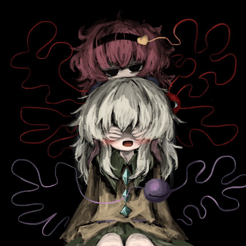heripantomorrow, komeiji koishi, komeiji satori, touhou, commentary request, 2girls, black background, black eyes, black hat, contrast collar, green hair, green skirt, hair between eyes, hat, hat ribbon, long sleeves, multiple girls, open mouth, pink hair, ribbon, shirt, skirt, third eye, wide sleeves, yellow ribbon, yellow shirt