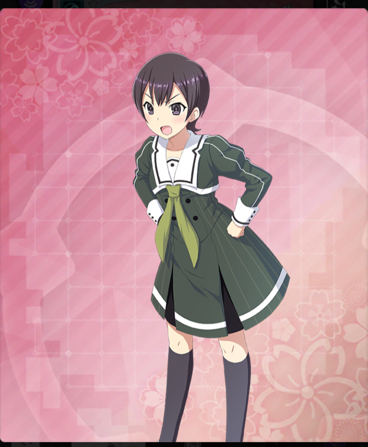 toji no miko, toji no miko: kizamishi issen no tomoshibi, game cg, official art, third-party source, 1girl, :o, black socks, brown hair, buttons, collarbone, dot nose, double-breasted, double-parted bangs, dress, feet out of frame, floral background, green neckerchief, hands on own hips, heijou institute school uniform, leaning forward, long sleeves, looking at viewer, neckerchief, niwa tsutomu, open mouth, pink background, pinstripe dress, pinstripe pattern, purple eyes, sailor collar, school uniform, shoes, short hair, socks, solo, striped clothes, striped dress, vertical-striped clothes, vertical-striped dress, white sailor collar, white shoes