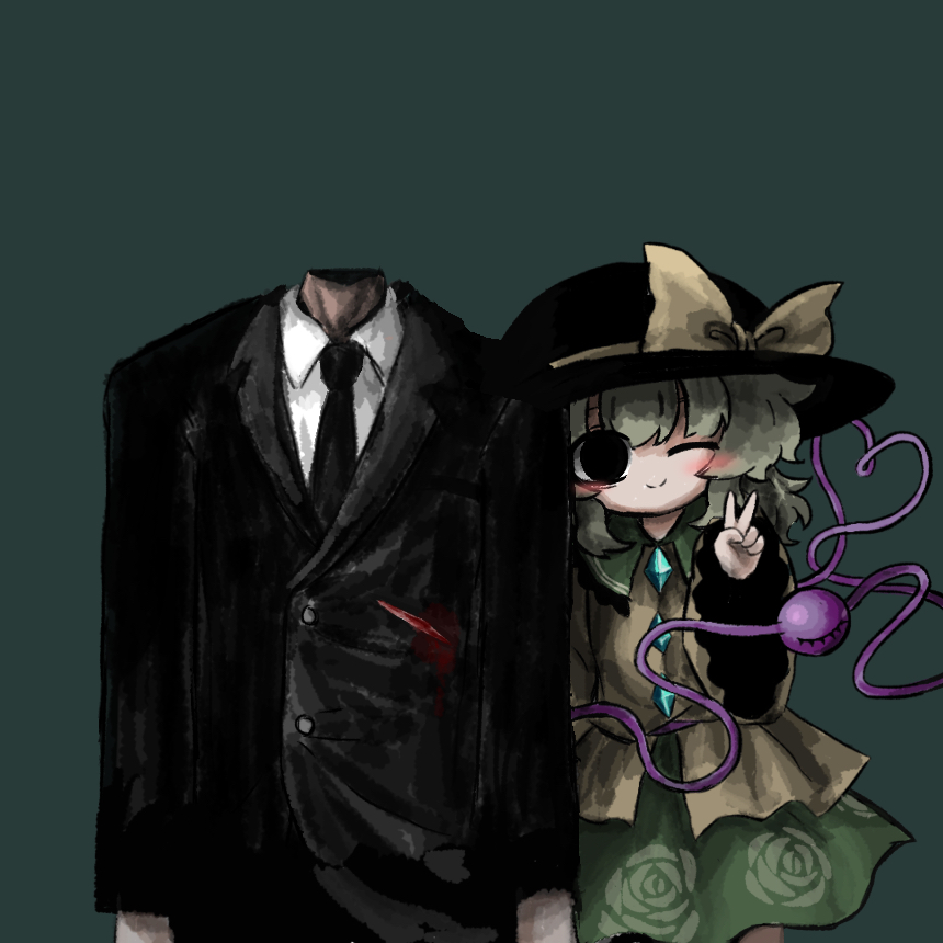heripantomorrow, komeiji koishi, touhou, commentary request, 1boy, 1girl, ;), black hat, blood, contrast collar, green background, green hair, hair between eyes, hat, hat ribbon, headless, long sleeves, one eye closed, ribbon, shirt, simple background, smile, standing, third eye, v, wide sleeves, yellow ribbon, yellow shirt