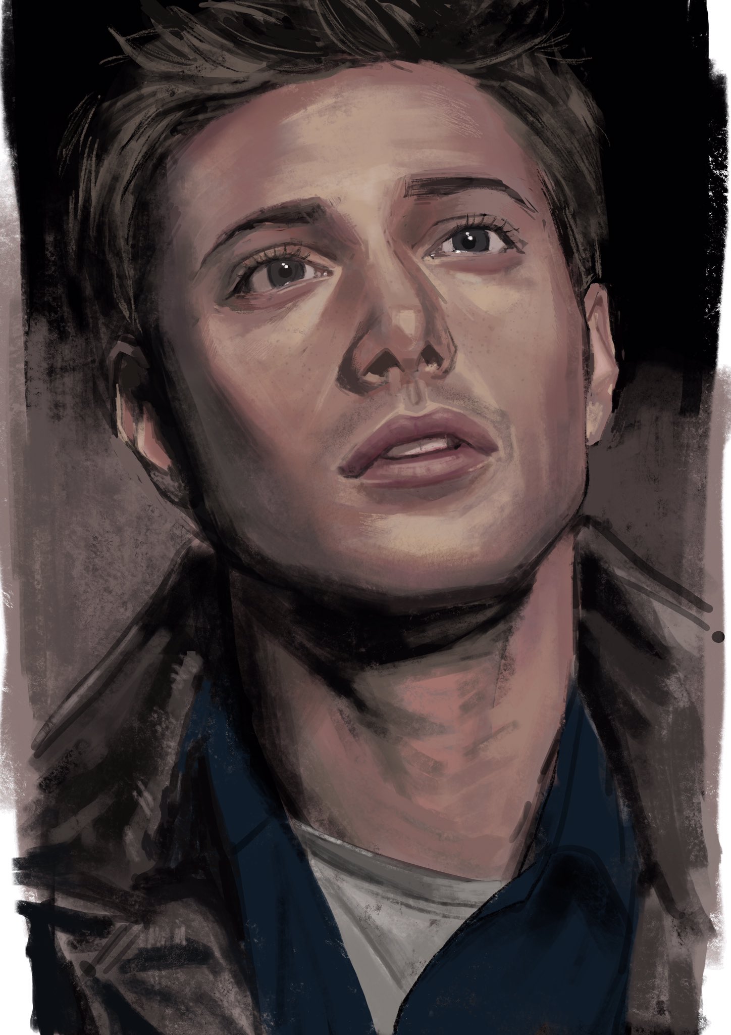 dean winchester, supernatural (tv series), commentary request, highres, korean commentary, 1boy, blue eyes, blue shirt, brown hair, brown jacket, collared shirt, crew neck, eyelashes, hanlyang, jacket, lapels, looking up, male focus, parted lips, portrait, shirt, solo, white shirt