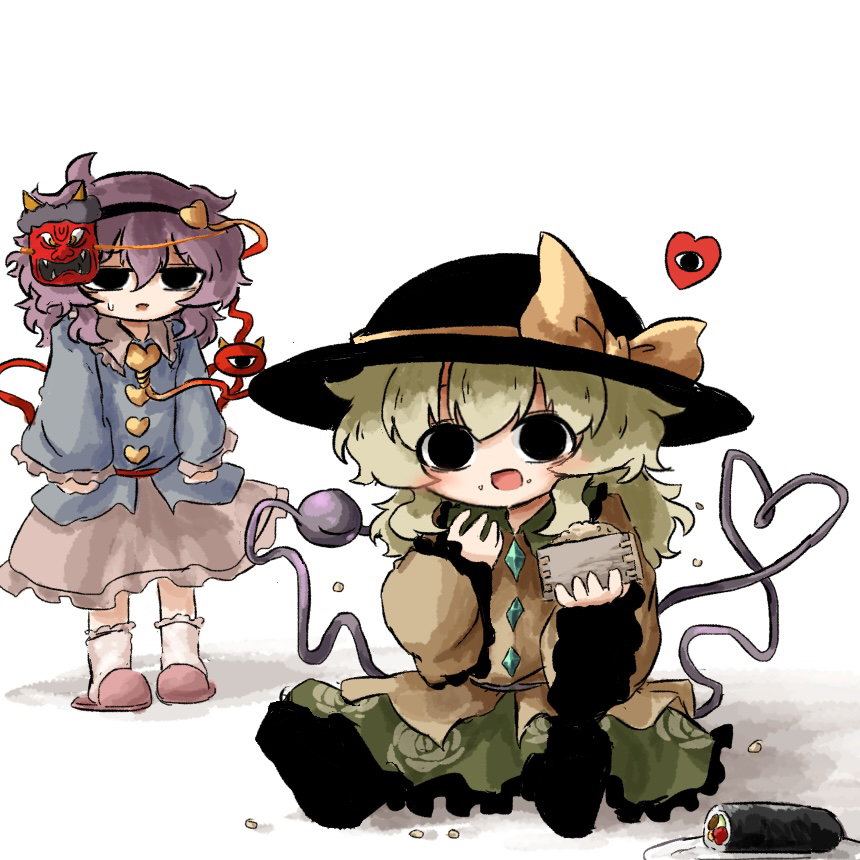 heripantomorrow, komeiji koishi, komeiji satori, touhou, commentary request, 2girls, black eyes, black hat, blue shirt, contrast collar, eating, green hair, hair between eyes, hat, hat ribbon, heart, long sleeves, multiple girls, pink slippers, ribbon, shirt, sitting, slippers, standing, third eye, white background, wide sleeves, yellow ribbon, yellow shirt