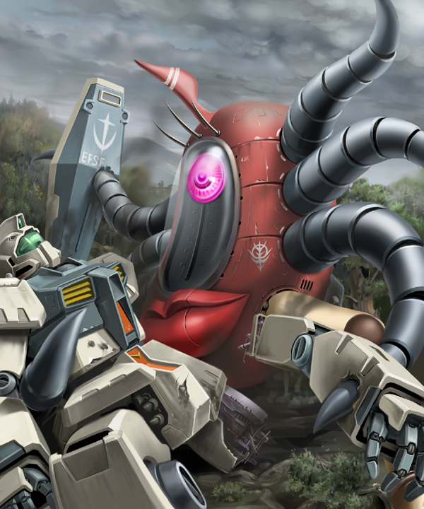 dorasu, gm (mobile suit), gm kai, zogojuash, zogozuazz, gundam, gundam-san, mobile suit gundam, damaged, injury, lips, mecha, mecha focus, no humans, robot, severed limb, shield