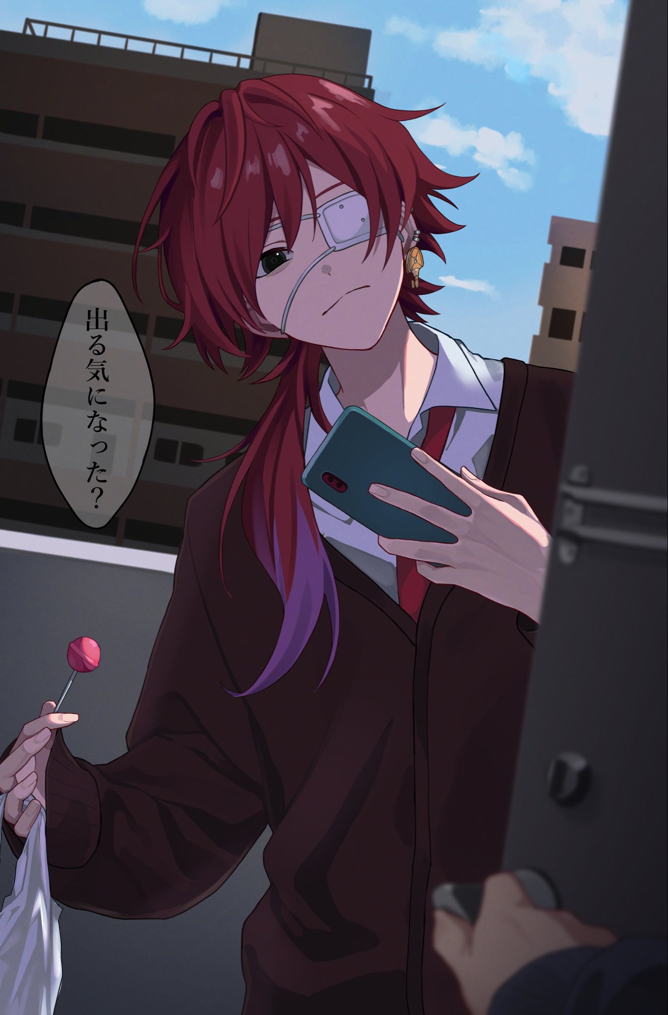 lauren iroas, monitoring (vocaloid), nijisanji, hashtag-only commentary, highres, 1boy, alternate costume, bag, black eyes, brown cardigan, building, candy, cardigan, cellphone, closed mouth, earrings, eyepatch, food, hair between eyes, holding, holding bag, holding candy, holding food, holding lollipop, holding phone, jewelry, lollipop, long hair, long sleeves, looking at viewer, male focus, necktie, opening door, phone, ponytail, pov, pov hands, red hair, red necktie, rtkgmsaaaaaaaaa, side ponytail, single earring, sky, solo focus, speech bubble, upper body, virtual youtuber