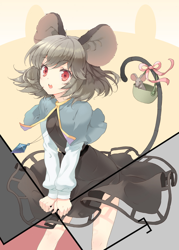 cuteg, nazrin, touhou, 1girl, animal ears, basket, female focus, grey hair, jewelry, mouse (animal), mouse ears, mouse tail, pendant, red eyes, short hair, solo, standing, tail
