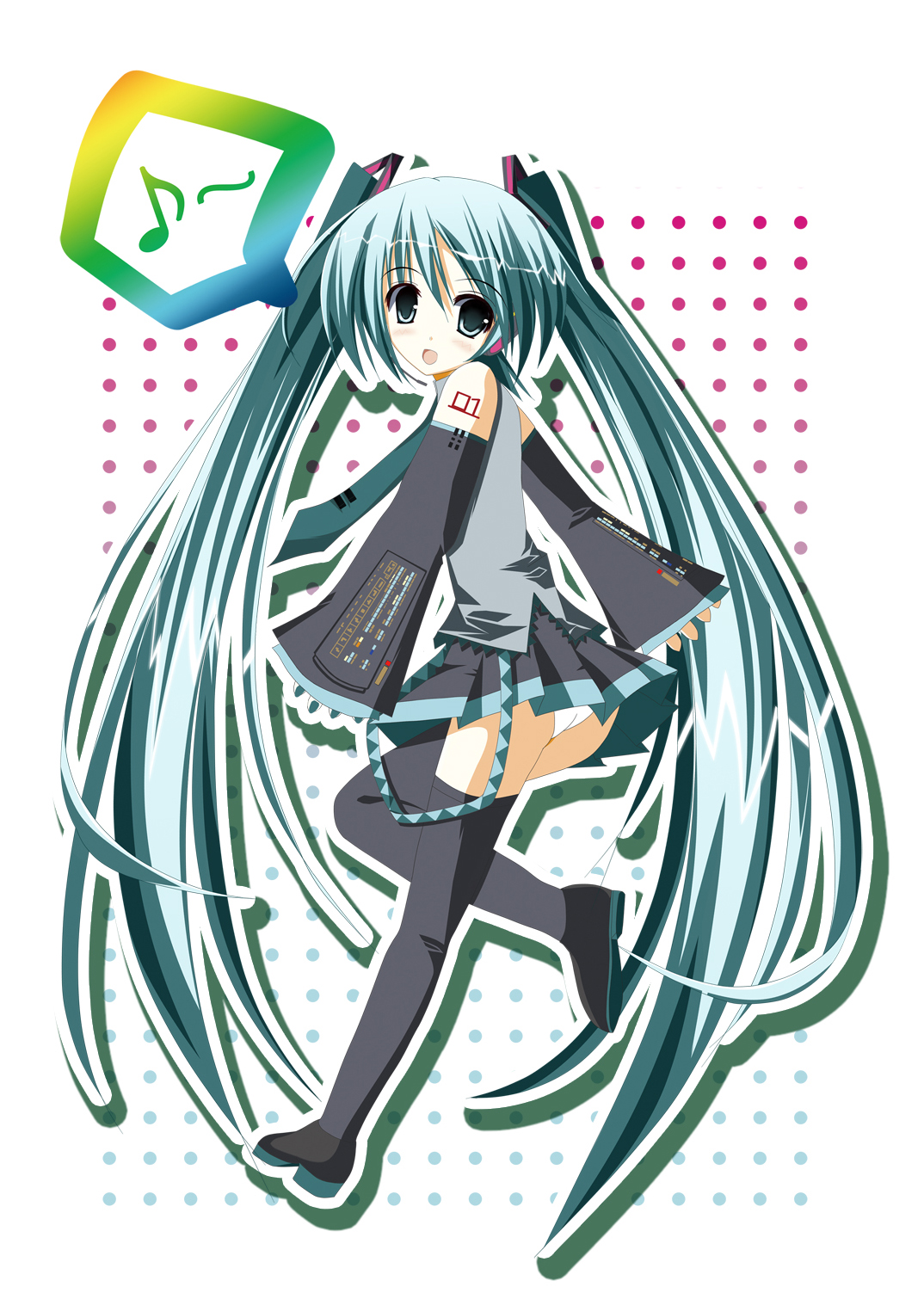tootaka, hatsune miku, vocaloid, bad id, bad pixiv id, highres, aqua eyes, aqua hair, long hair, musical note, necktie, panties, skirt, solo, thighhighs, twintails, underwear, very long hair