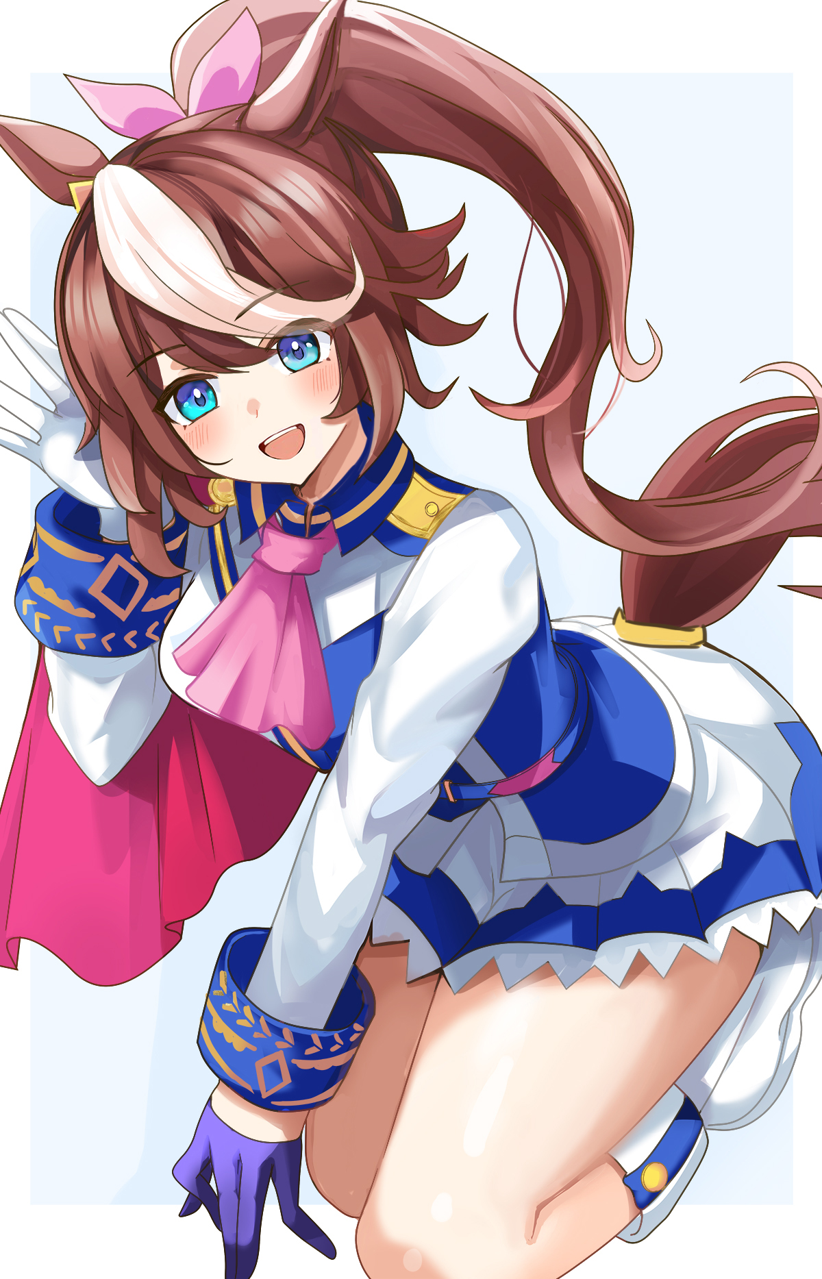 hanamura pink, tokai teio (peak joy) (umamusume), tokai teio (umamusume), umamusume, commentary request, highres, 1girl, animal ears, ascot, blue gloves, blush, brown hair, gloves, high ponytail, horse ears, horse girl, horse tail, jacket, long hair, long sleeves, looking at viewer, multicolored hair, open mouth, pink ascot, ponytail, simple background, skirt, smile, solo, streaked hair, tail, thighs, white background, white gloves, white hair, white jacket, white skirt, white streaks