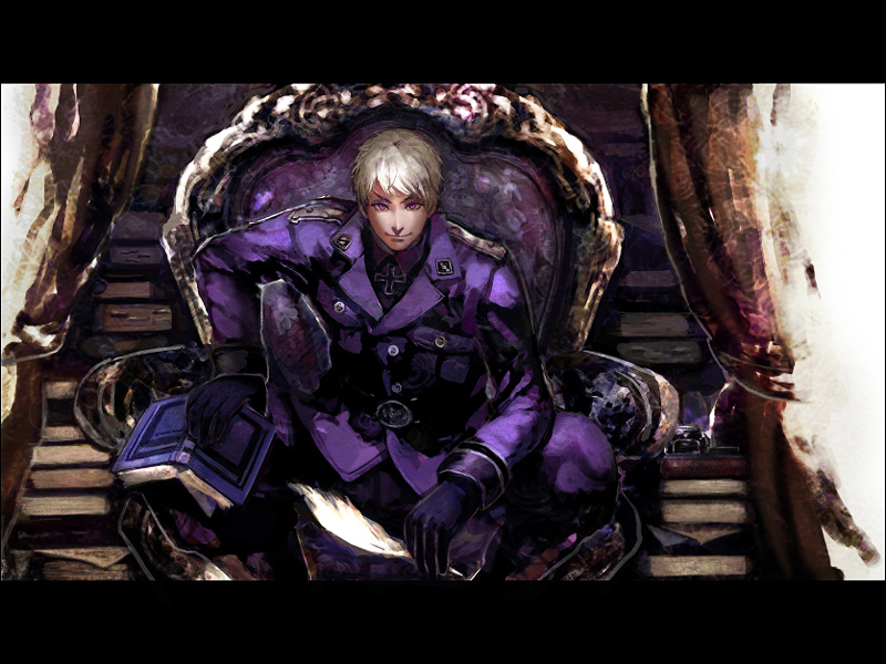 hiroko (artist), hiroko (keshika), prussia (hetalia), axis powers hetalia, bad id, bad pixiv id, 1boy, book, book stack, feathers, gloves, letterboxed, male focus, military, military uniform, purple eyes, quill, short hair, smile, solo, white hair