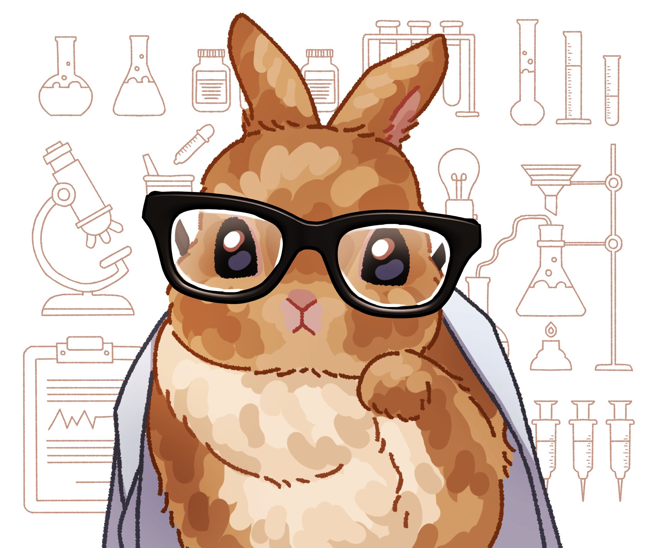 honto pic, original, commentary request, highres, korean commentary, animal, animal focus, clipboard, flask, glasses, looking at viewer, microscope, no humans, rabbit, syringe, test tube, test tube rack