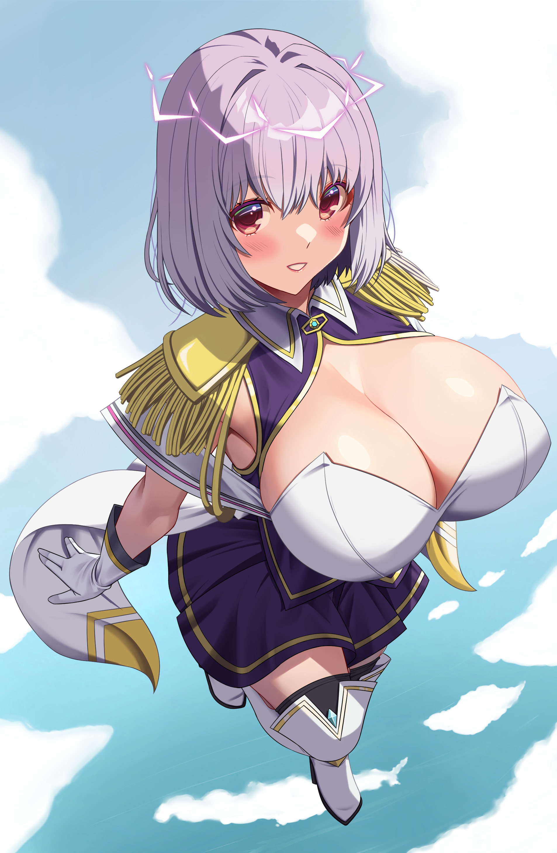 akihiro0920, shinjou akane, gridman universe, gridman universe (movie), ssss.gridman, absurdres, commentary request, commission, highres, pixiv commission, 1girl, armor, blue sky, blush, boots, breasts, brown eyes, cleavage, cloud, collared shirt, full body, gloves, grin, huge breasts, looking at viewer, medium hair, open mouth, pauldrons, purple hair, purple skirt, shirt, shoulder armor, skirt, sky, smile, solo, standing, standing on one leg, thigh boots, white gloves, white shirt