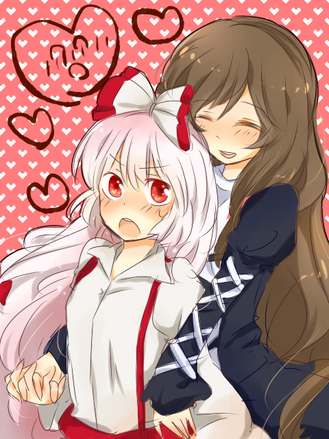 zawameki, fujiwara no mokou, hijiri byakuren, touhou, 2girls, brown hair, female focus, multiple girls, pink hair, red eyes
