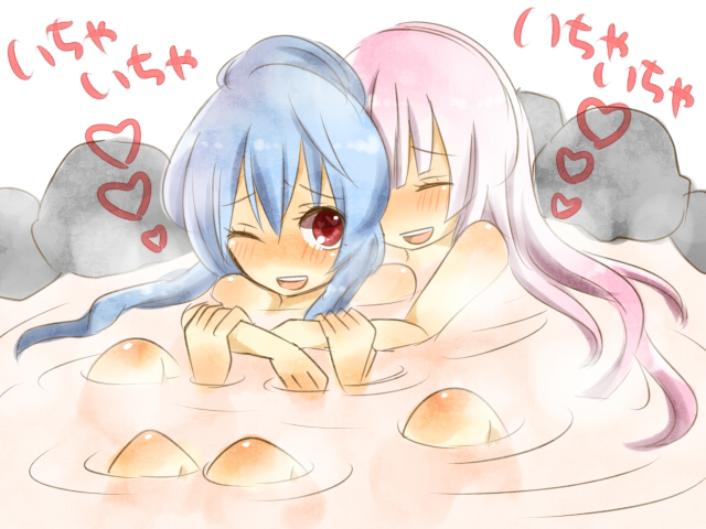 zawameki, fujiwara no mokou, kamishirasawa keine, touhou, light purple hair, 2girls, bare shoulders, blue hair, blush, closed eyes, female focus, heart, holding another's arm, hug, hug from behind, knees, long hair, multiple girls, one eye closed, onsen, open mouth, pink hair, red eyes, ripples, rock, same-sex bathing, shared bathing, sitting, smile, steam, wink, yuri